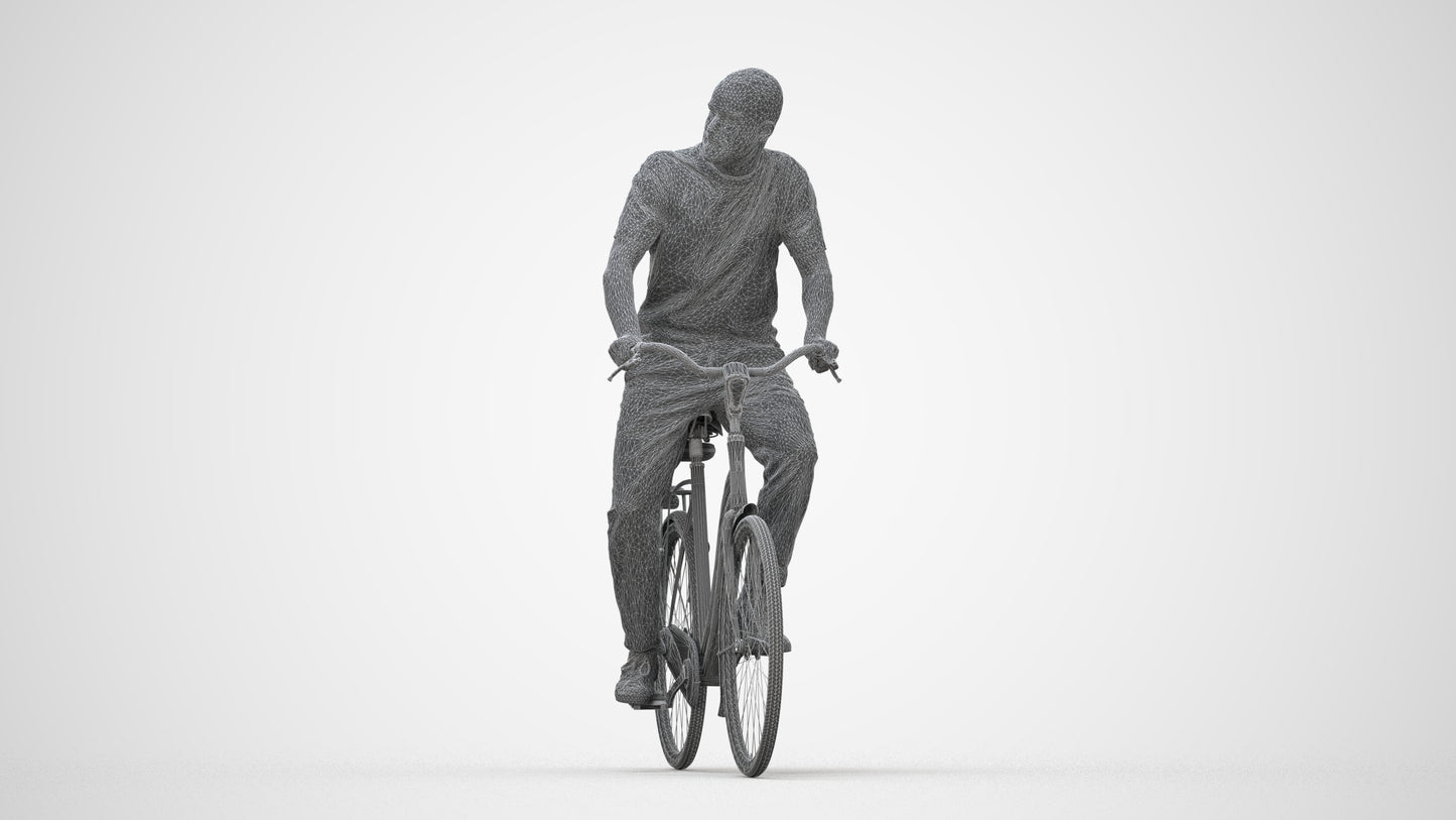 realistic 3D man casual cycling, scanned archviz people for Blender and 3ds Max, wireframe back view