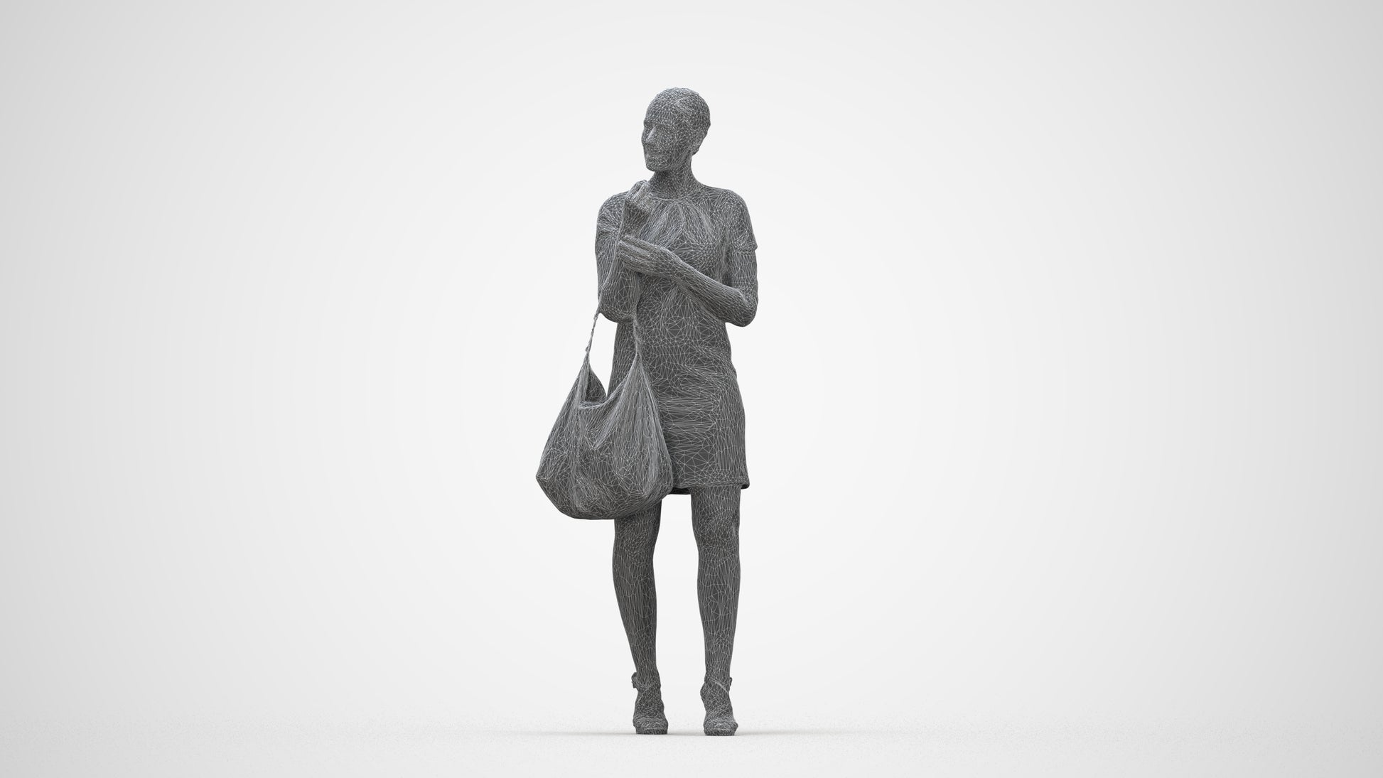 3D people model woman business standing, scanned human for 3ds Max rendering, wireframe back view