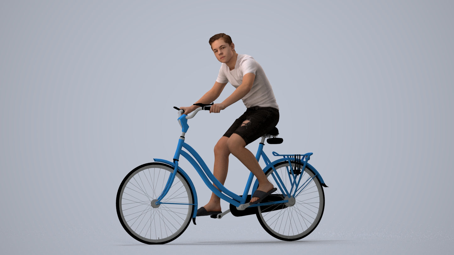 photogrammetry 3D boy casual cycling, realistic human model archviz FBX, three-quarter view render