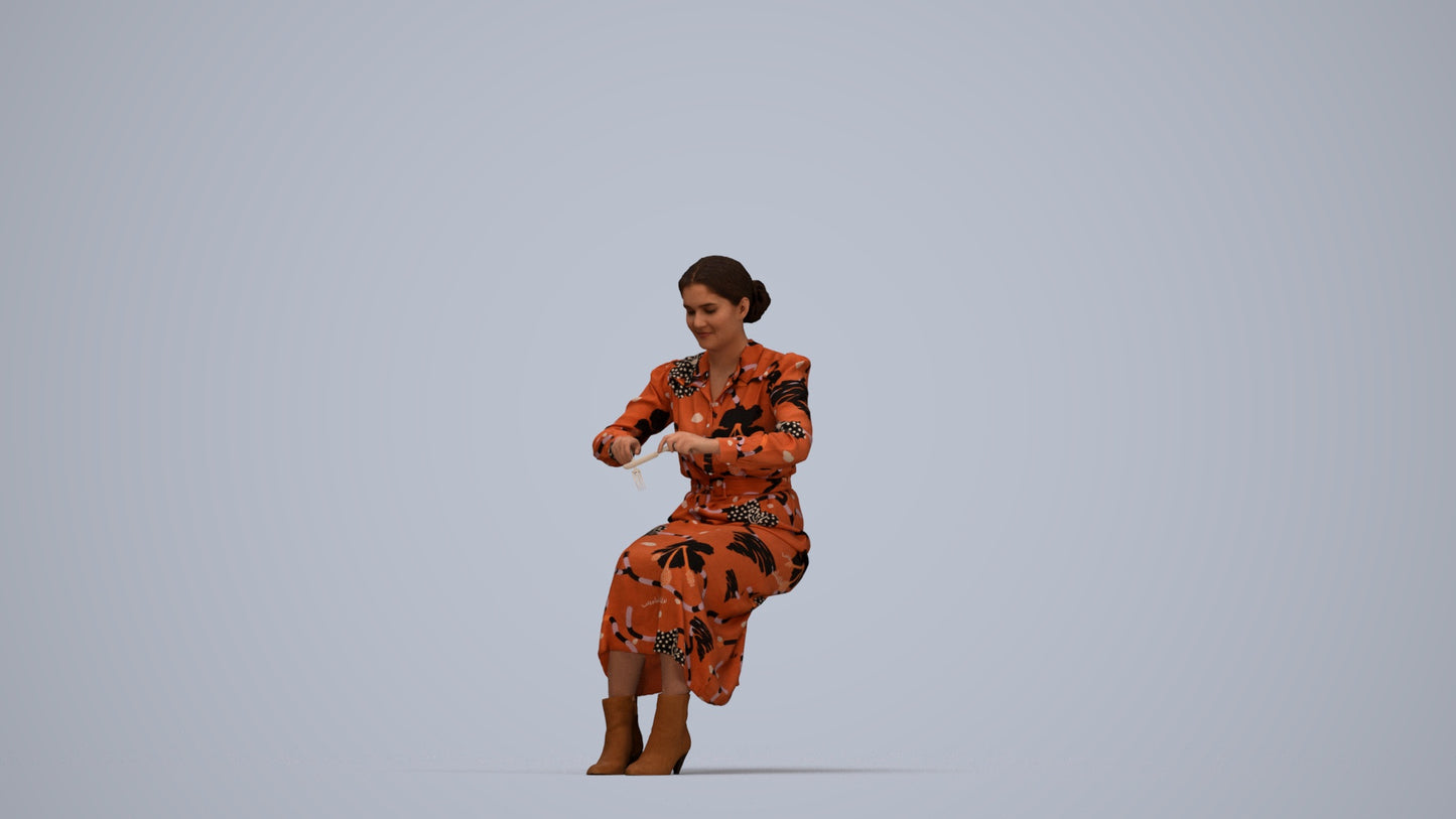 3D human model woman casual sitting, photogrammetry scanned person for archviz, top-down view render