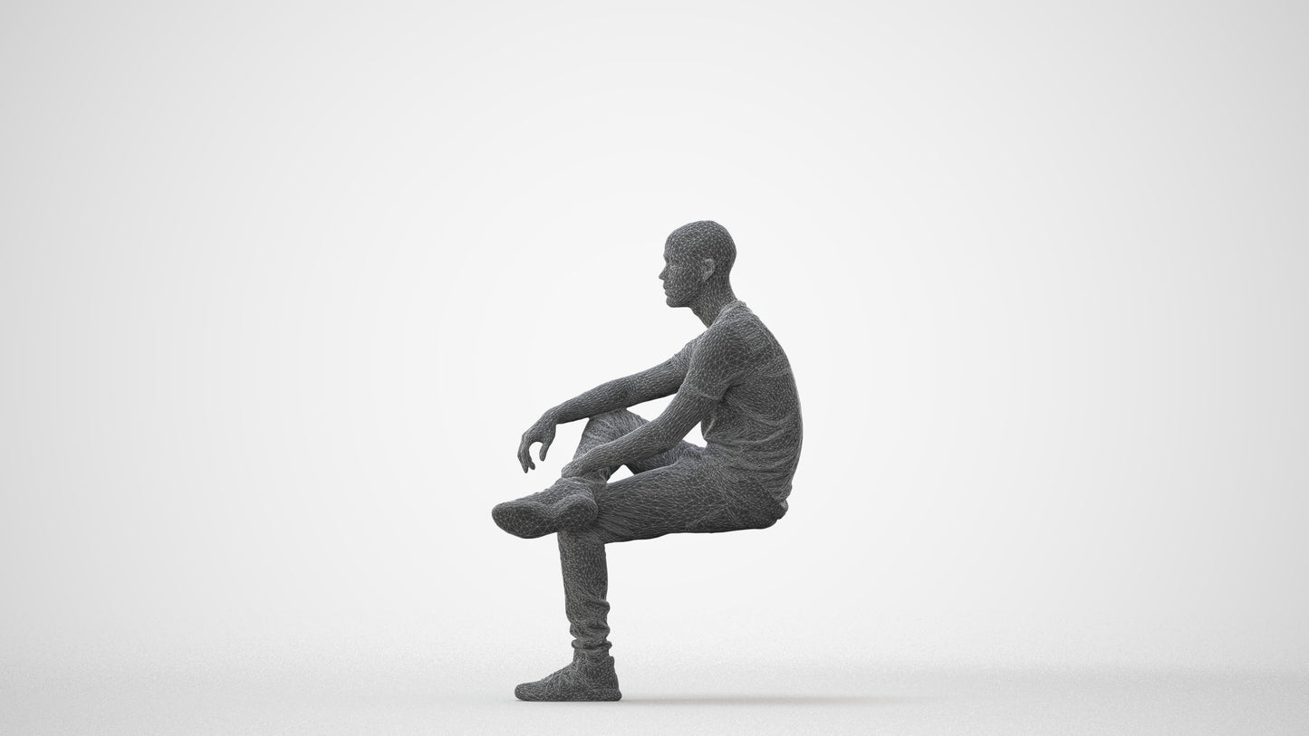 3D human model man casual sitting, photogrammetry scanned person for archviz, square thumbnail