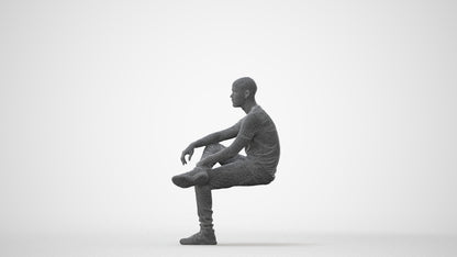 3D human model man casual sitting, photogrammetry scanned person for archviz, square thumbnail