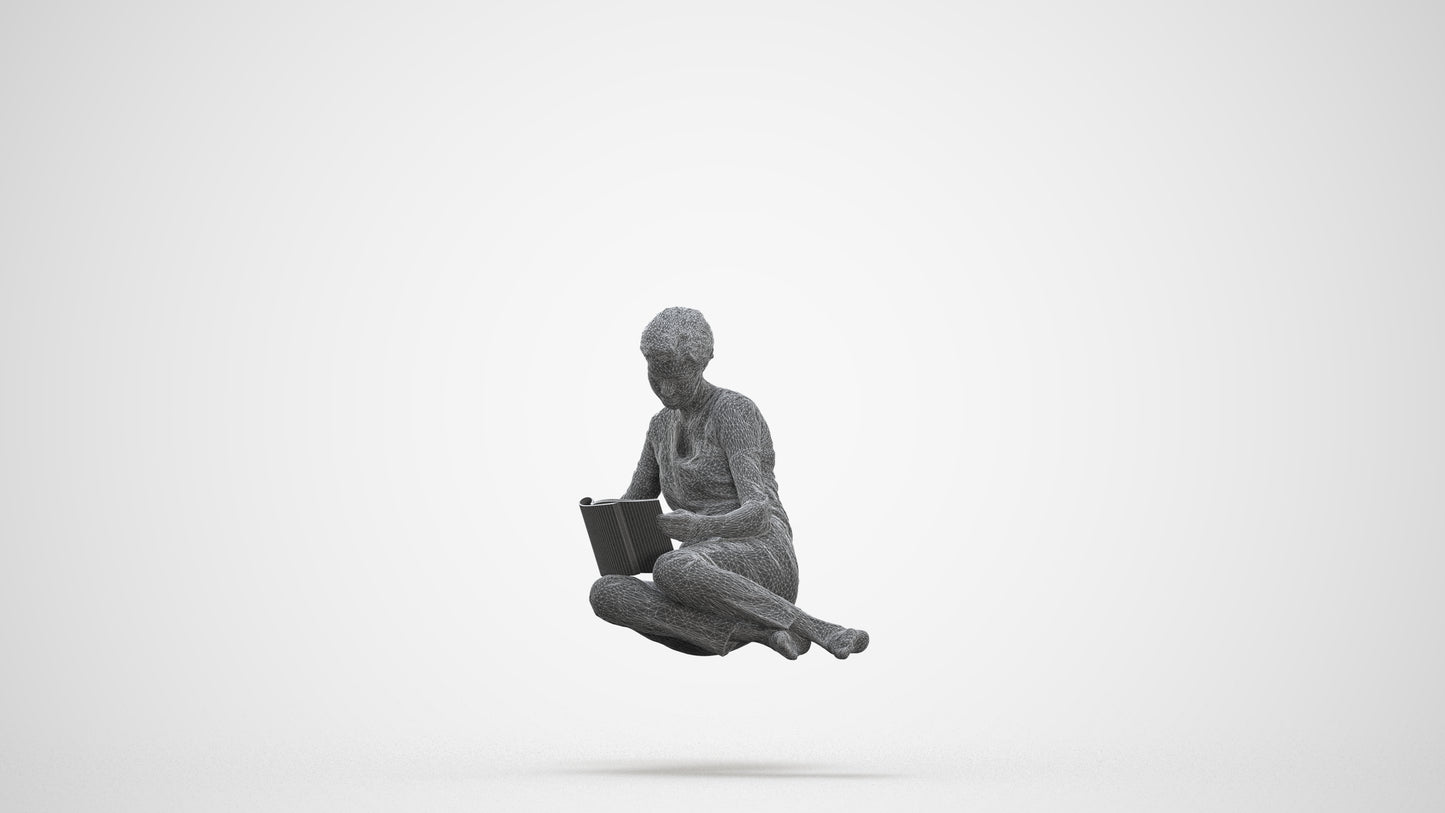 realistic 3D woman casual sitting, scanned archviz people for Blender and 3ds Max, three-quarter front view render