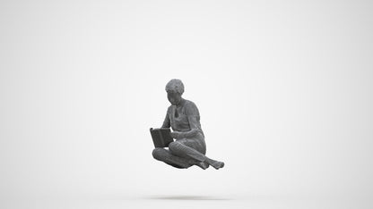 realistic 3D woman casual sitting, scanned archviz people for Blender and 3ds Max, three-quarter front view render