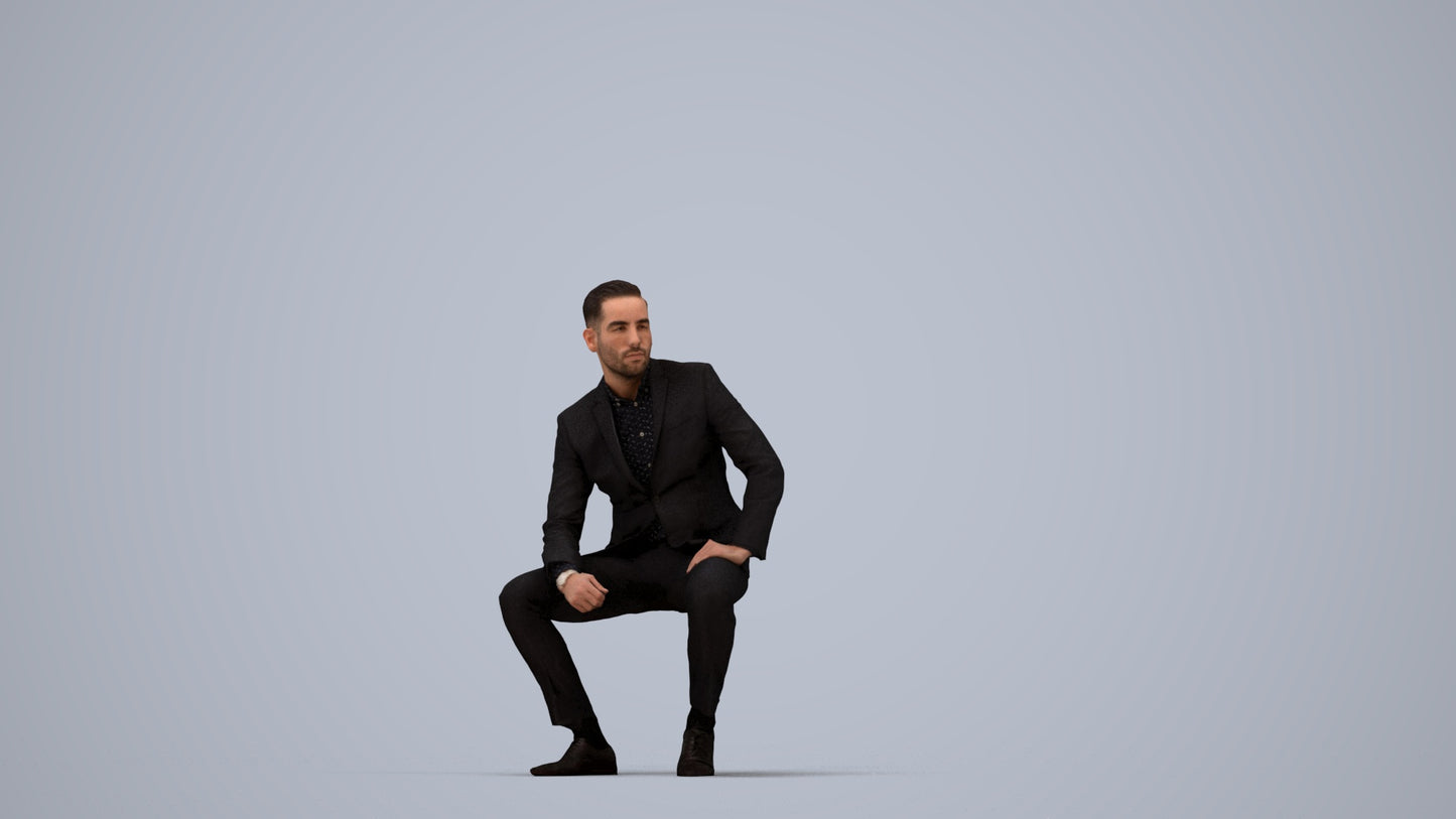 realistic 3D man formal sitting, scanned archviz people for Blender and 3ds Max, top-down view render