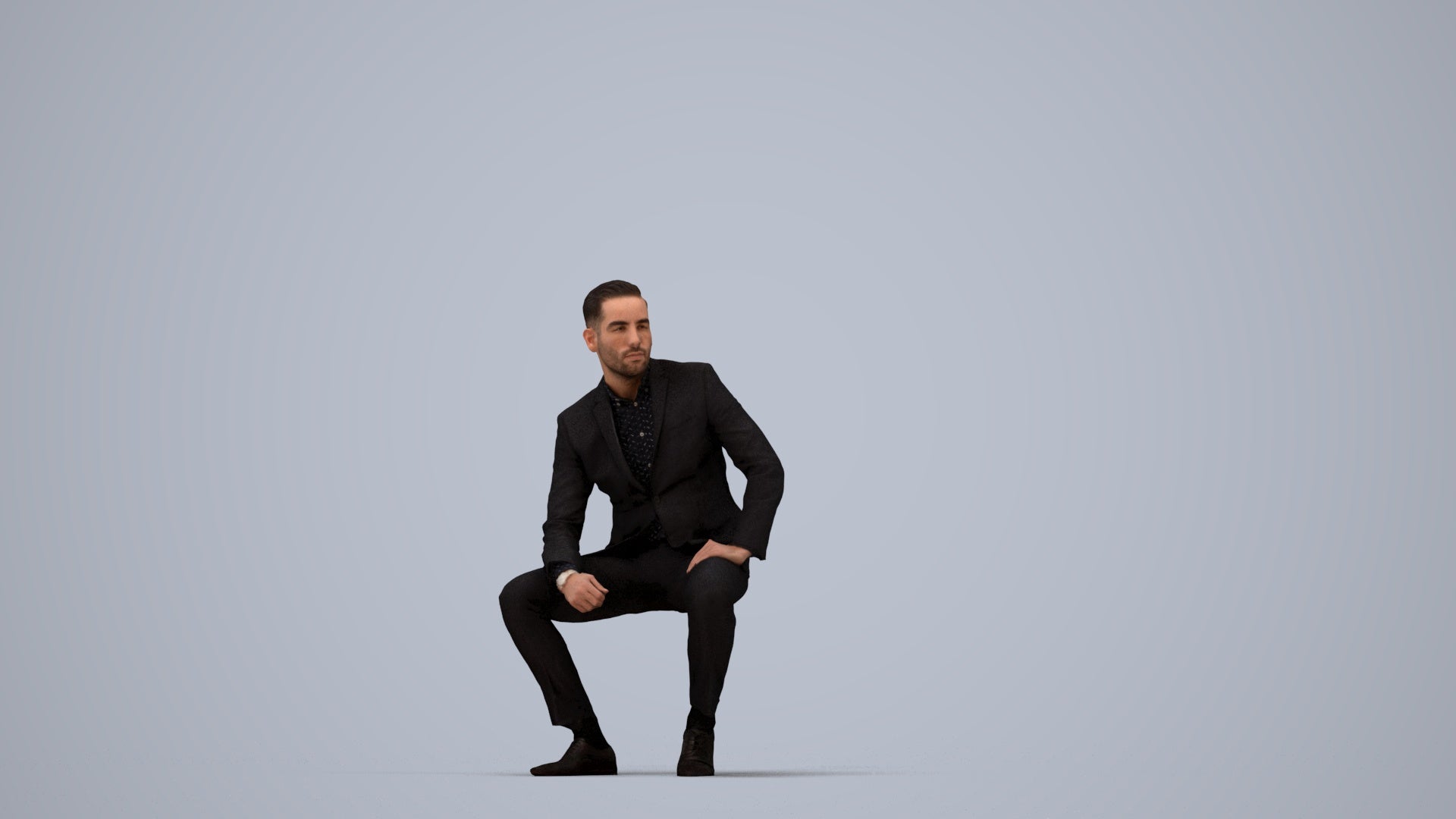 realistic 3D man formal sitting, scanned archviz people for Blender and 3ds Max, top-down view render