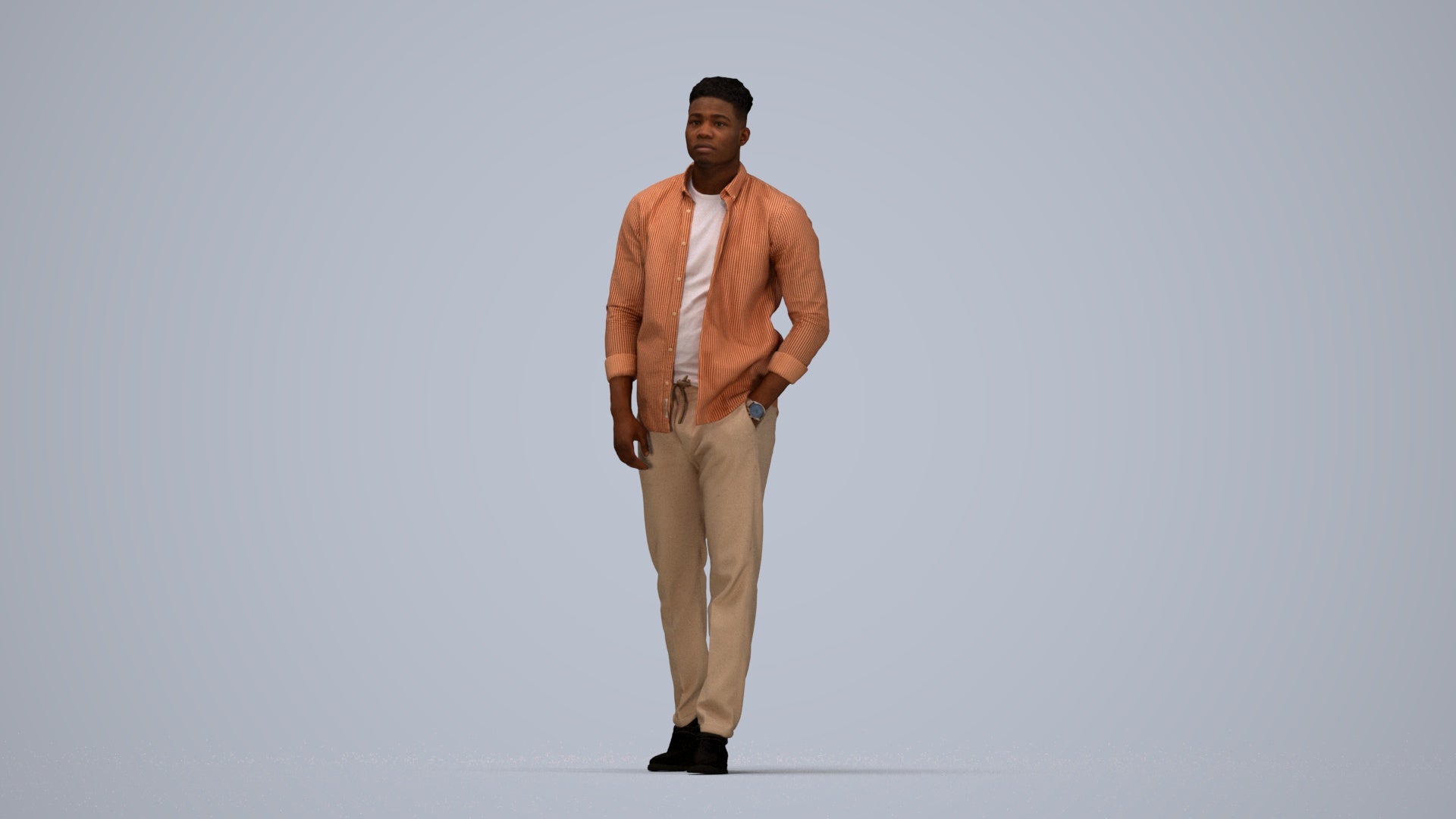 3D scanned man walking casual, photorealistic archviz people for Enscape and SketchUp, top-down view render