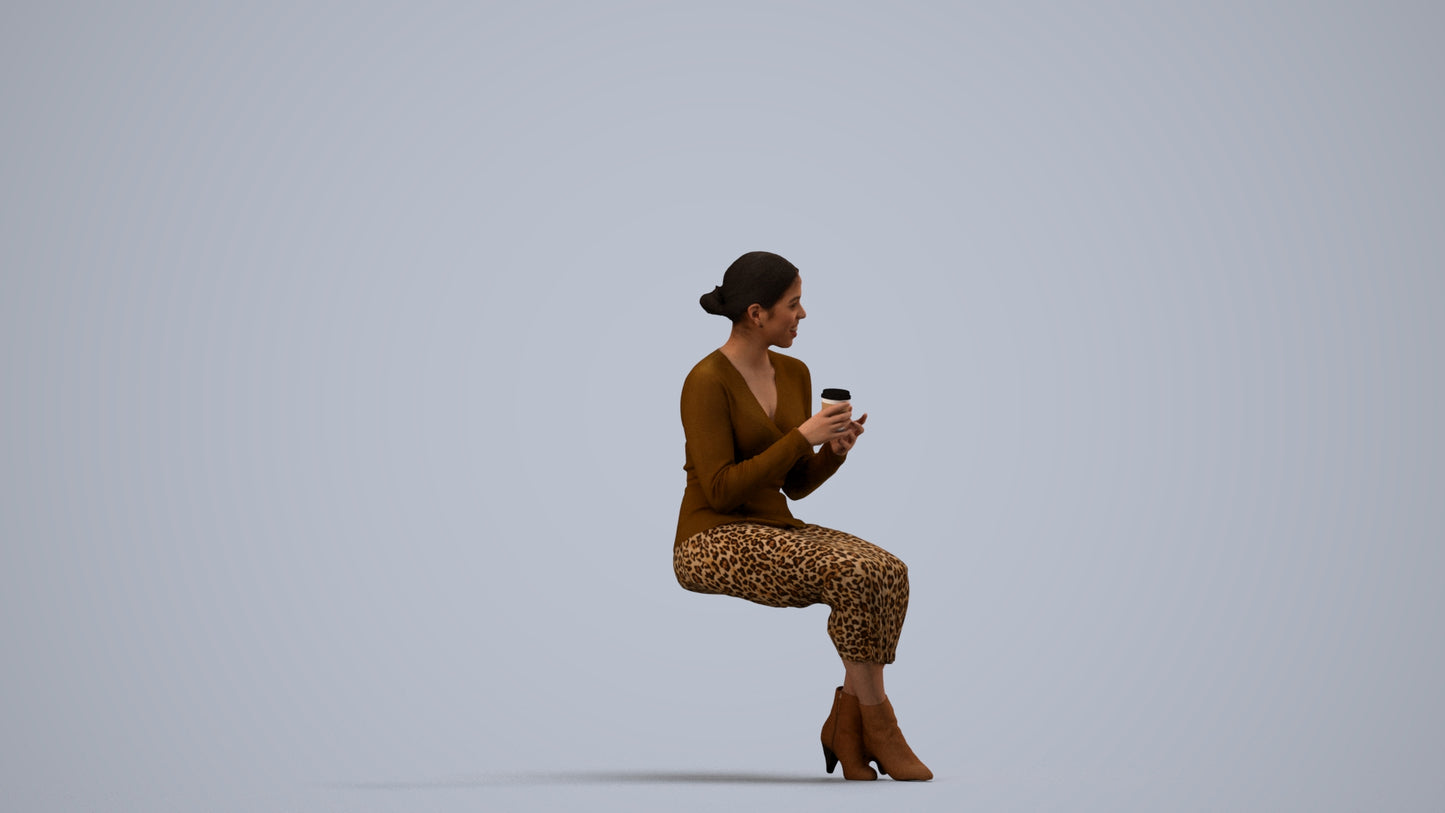 3D scanned woman sitting casual, photorealistic archviz people for Enscape and SketchUp, side view render