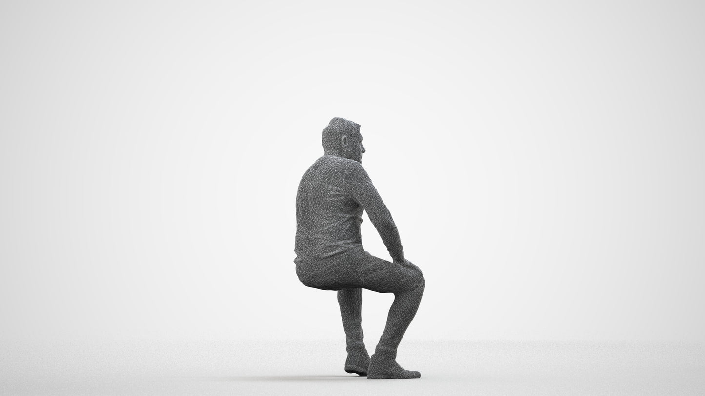 3D people model man casual sitting, scanned human for 3ds Max rendering, wireframe side view