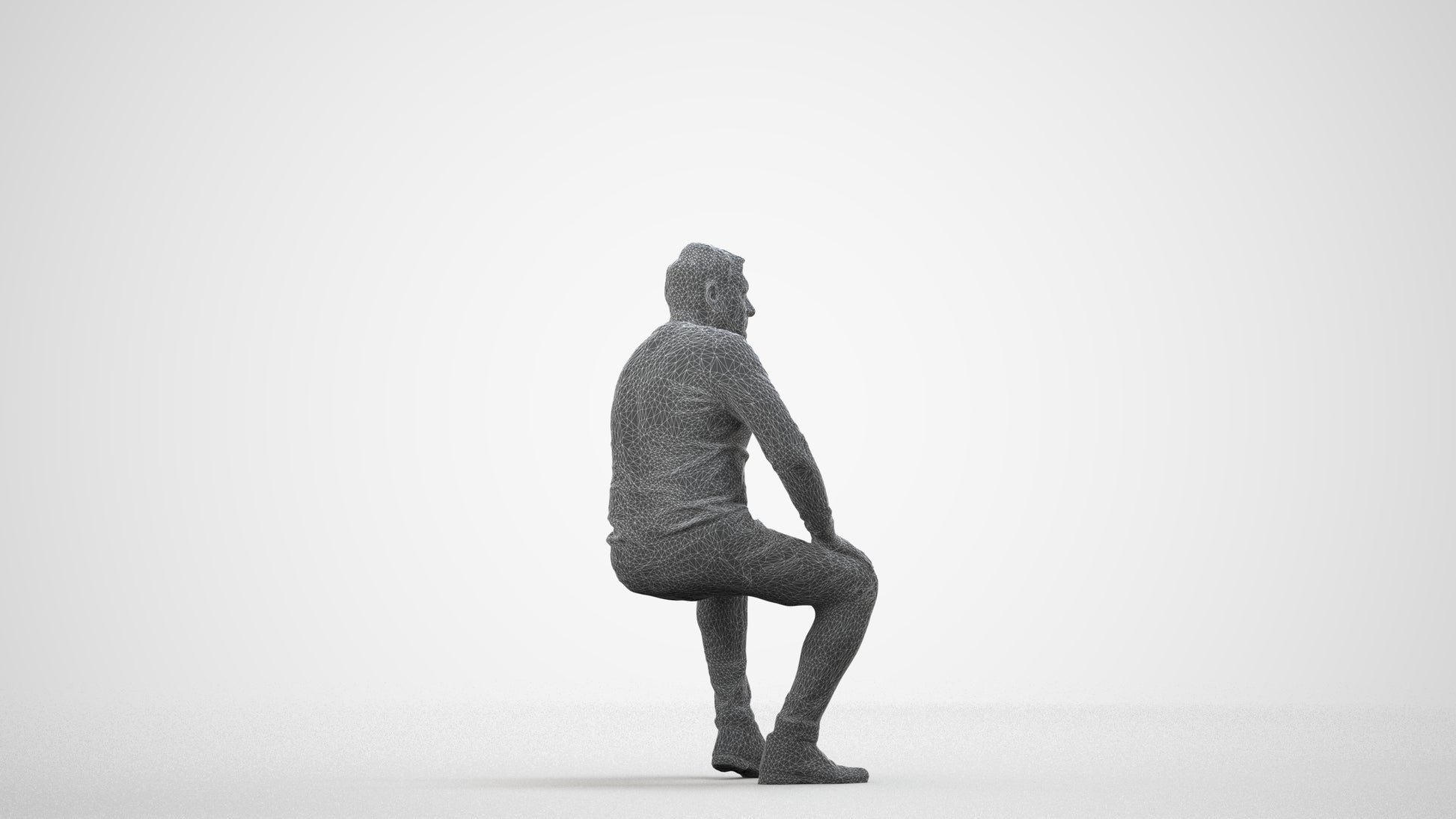 3D people model man casual sitting, scanned human for 3ds Max rendering, wireframe side view