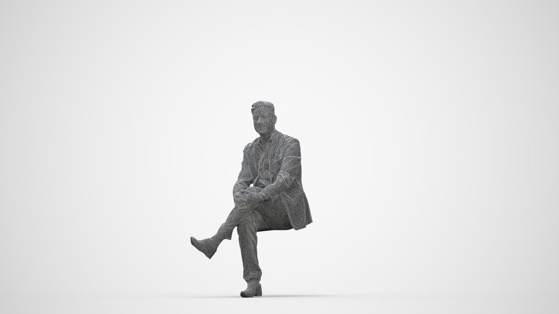 3D people model man business sitting, scanned human for 3ds Max rendering, wireframe back view