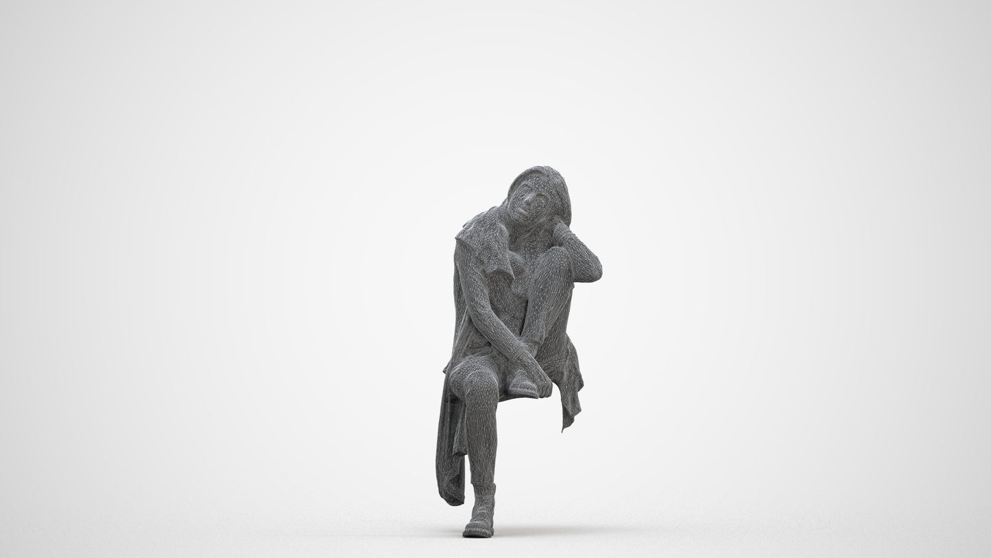 3D scanned woman sitting casual, photorealistic archviz people for Enscape and SketchUp, three-quarter front view render