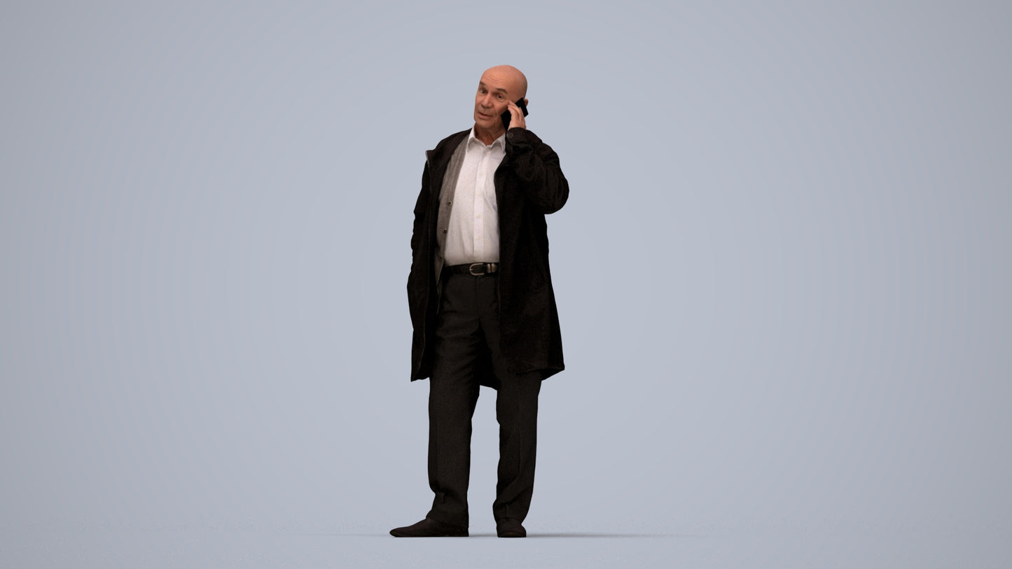 realistic 3D people senior man business standing, render-ready for V-Ray and Corona, FBX OBJ, top-down view render