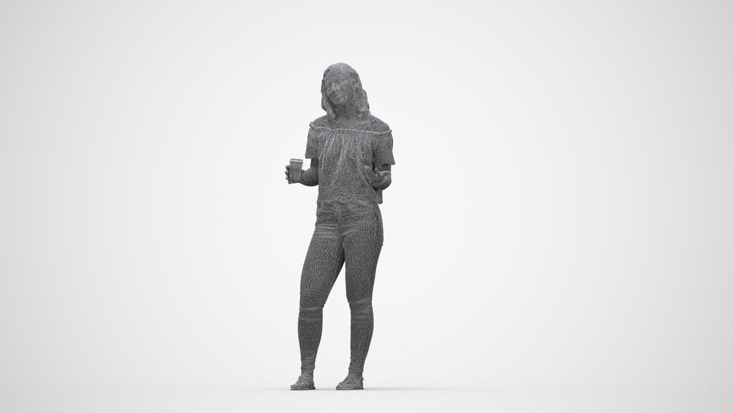 realistic 3D human woman casual standing, archviz people FBX OBJ for Blender, wireframe back view