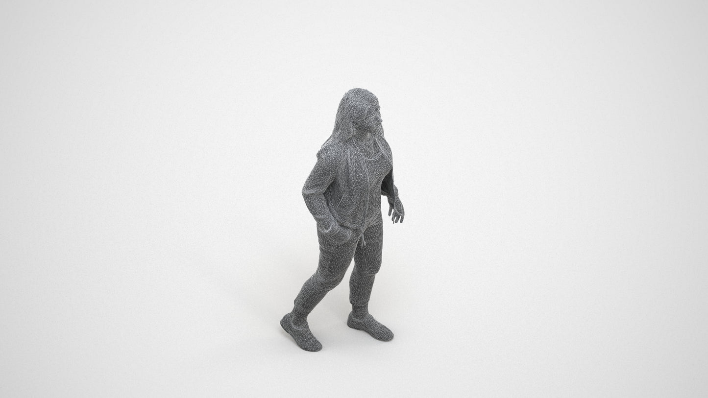 3D scanned woman walking casual, photorealistic archviz people for Enscape and SketchUp, wireframe three-quarter view