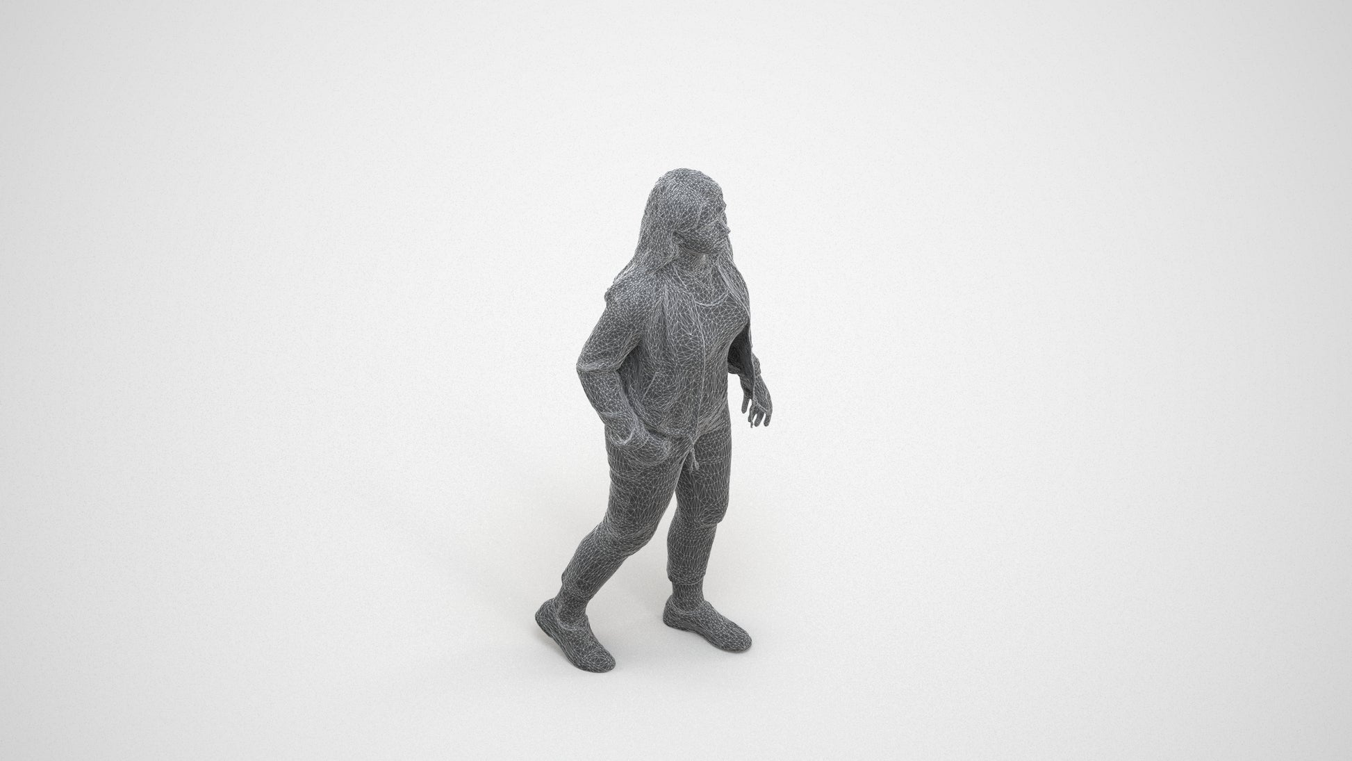 3D scanned woman walking casual, photorealistic archviz people for Enscape and SketchUp, wireframe three-quarter view