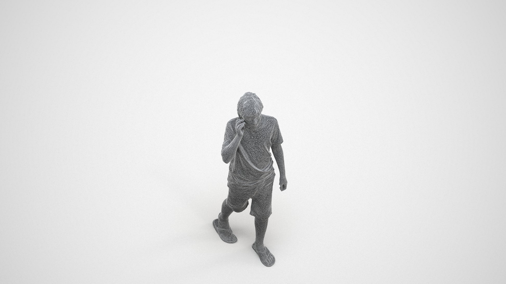 3D human model boy casual kids, photogrammetry scanned person for archviz, wireframe three-quarter view