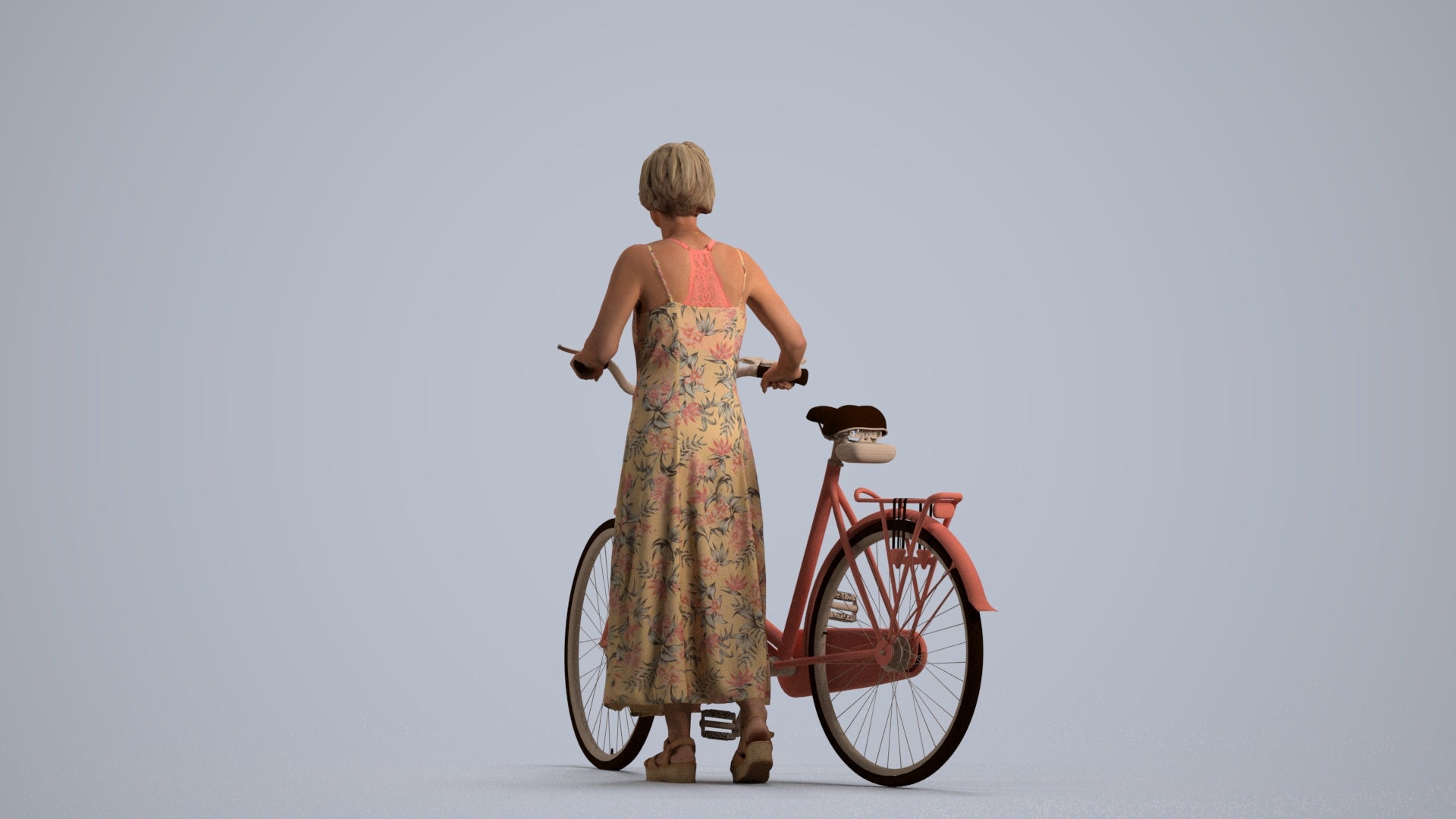scanned 3D senior woman cycling, photogrammetry people for Enscape and V-Ray, front view render