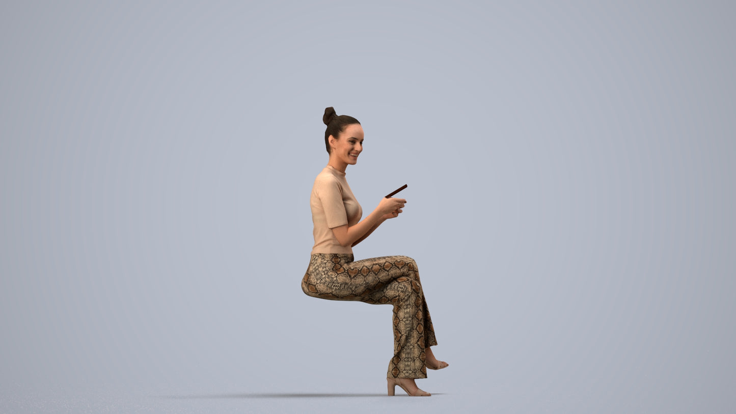 photogrammetry 3D woman casual sitting, realistic human model archviz FBX, side view render