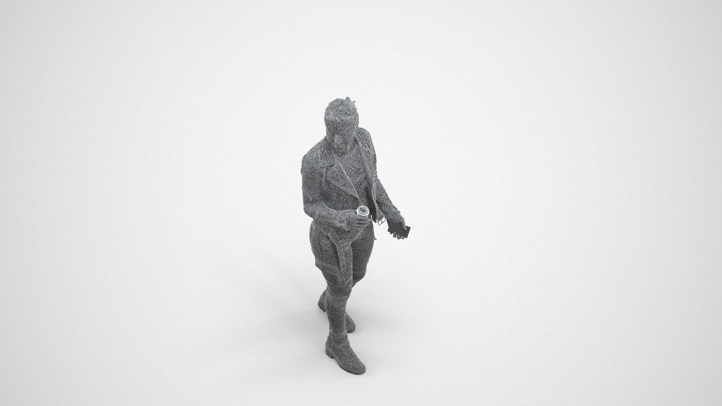 realistic 3D human woman casual walking, archviz people FBX OBJ for Blender, wireframe three-quarter view