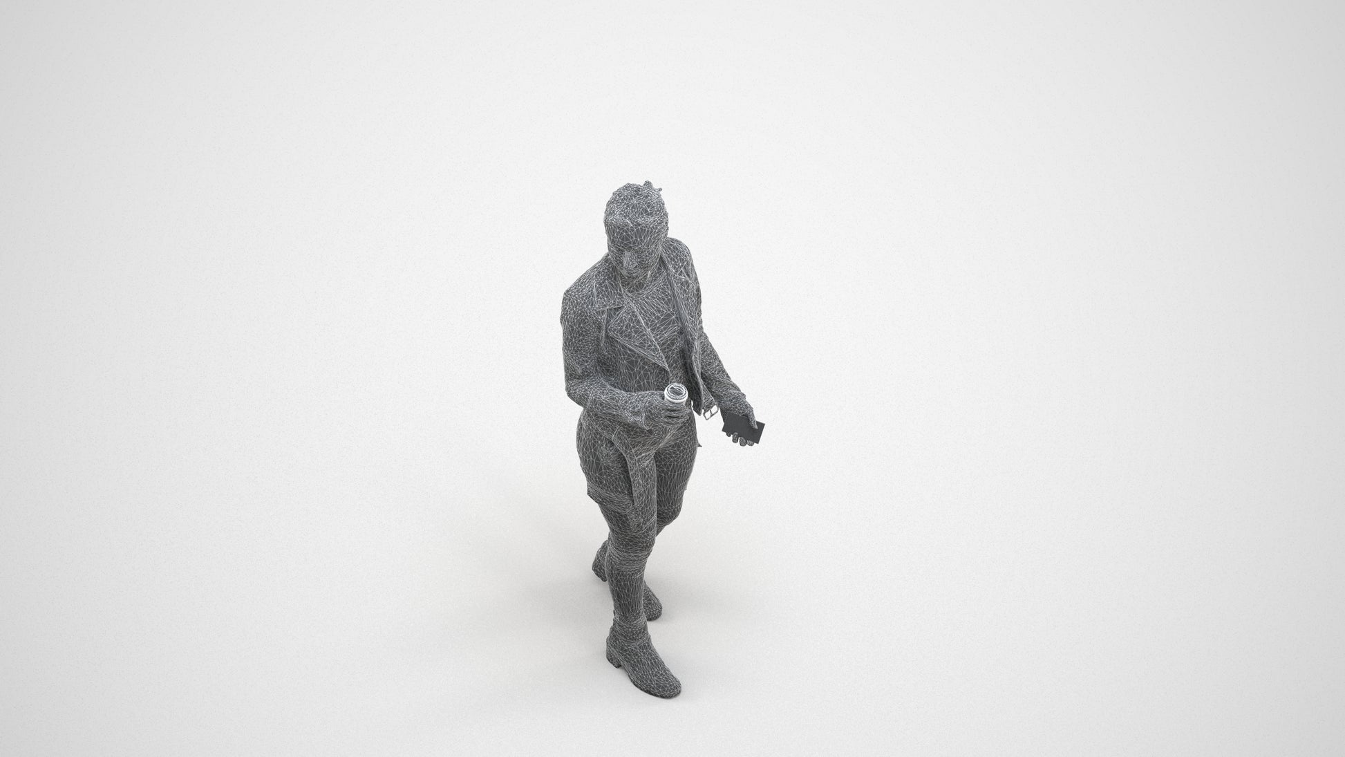 realistic 3D human woman casual walking, archviz people FBX OBJ for Blender, wireframe three-quarter view