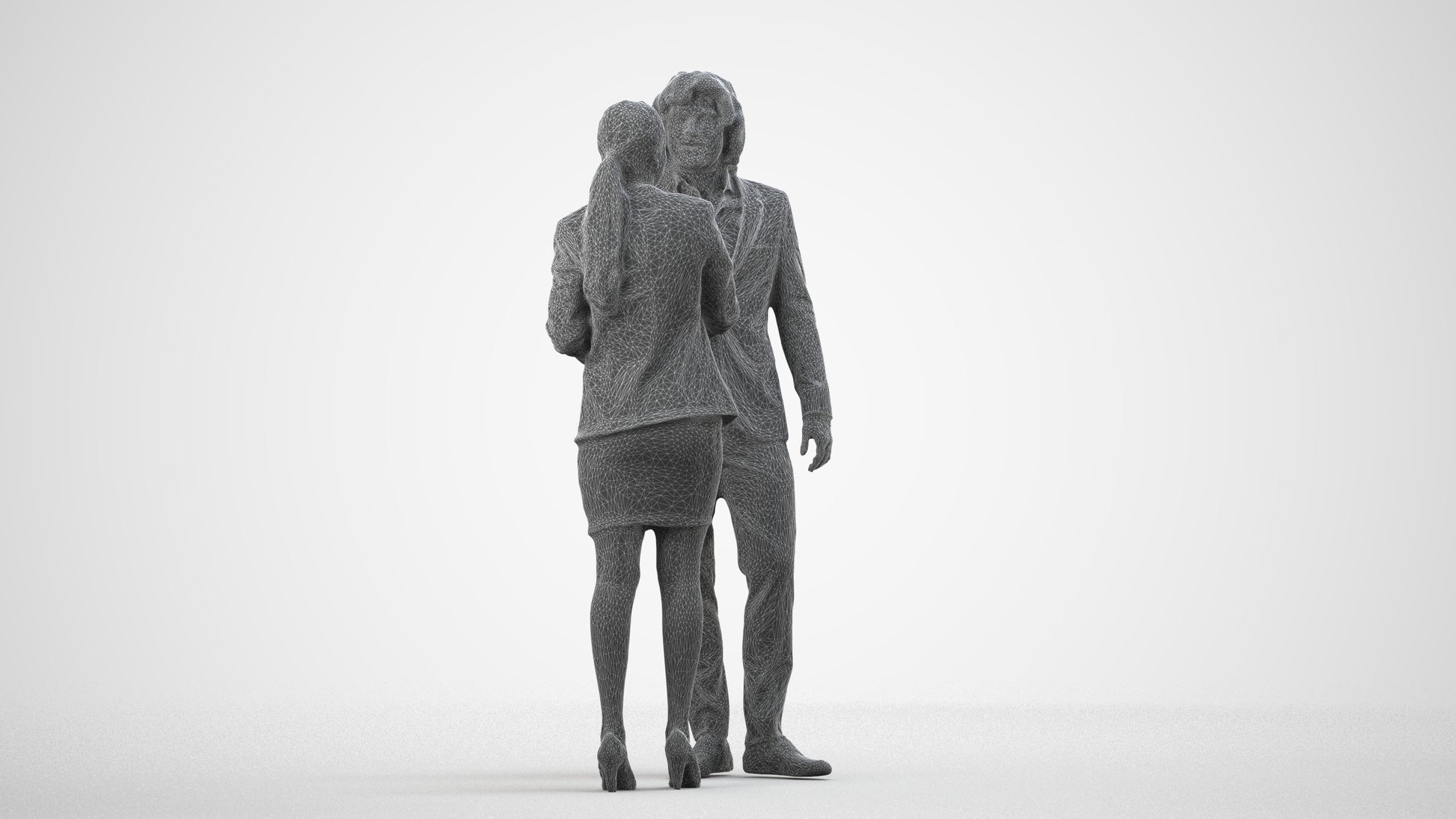 3D human model woman business, photogrammetry scanned person for archviz, wireframe side view