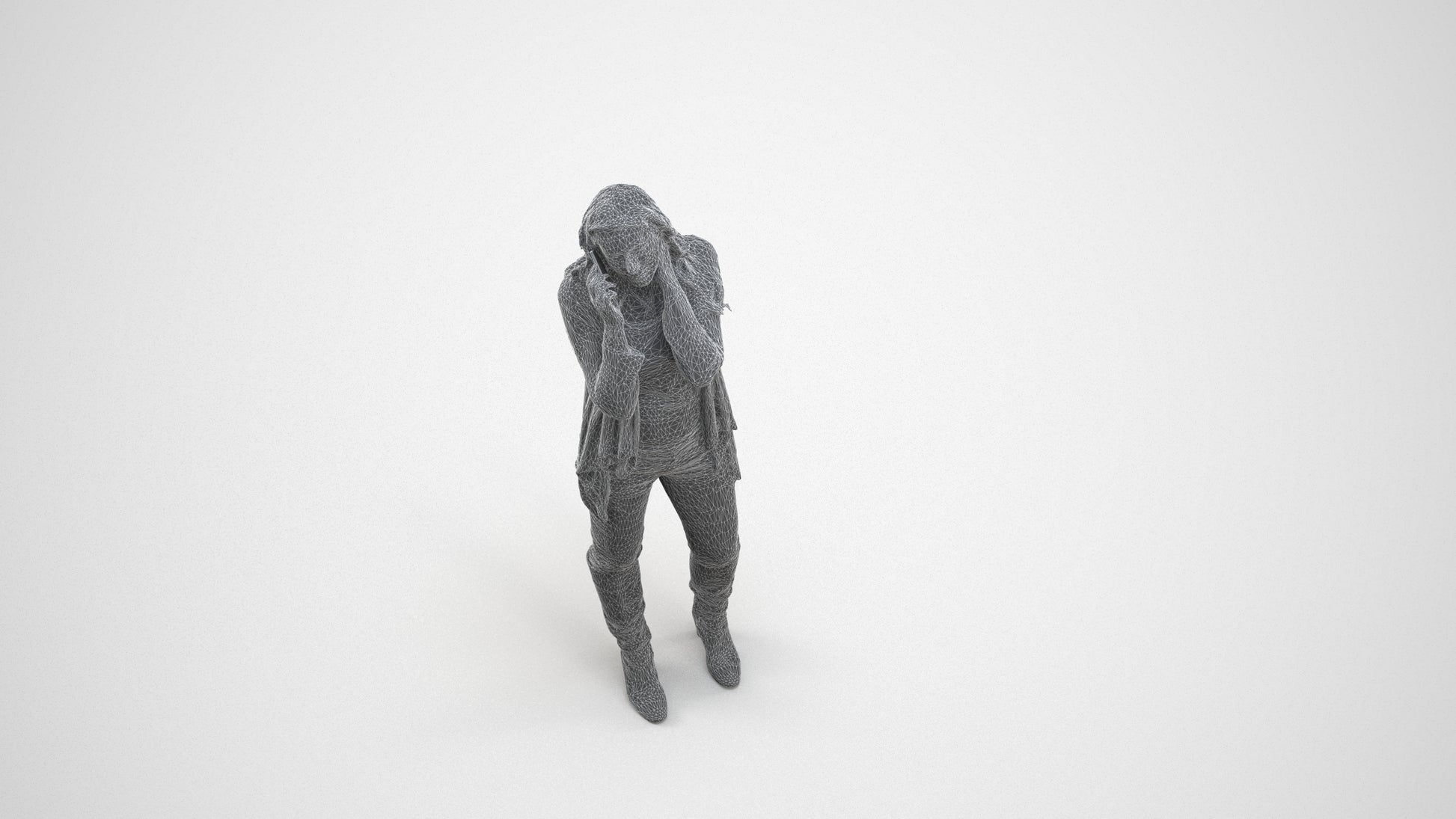 realistic 3D human woman casual standing, archviz people FBX OBJ for Blender, wireframe three-quarter view