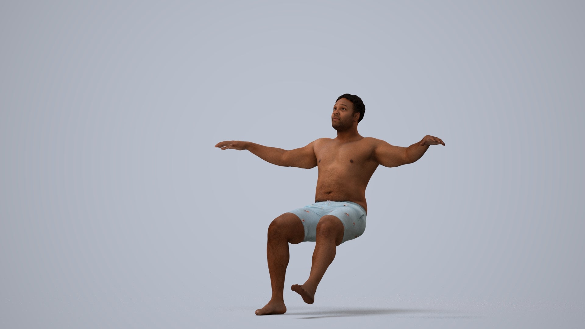 3D human model man pool, photogrammetry scanned person for archviz, three-quarter view render
