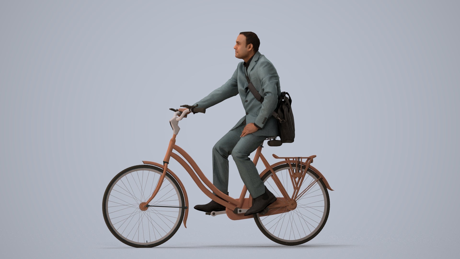 3D scanned man cycling business, photorealistic archviz people for Enscape and SketchUp, three-quarter view render