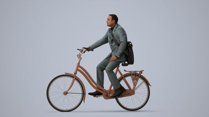 3D scanned man cycling business, photorealistic archviz people for Enscape and SketchUp, three-quarter view render