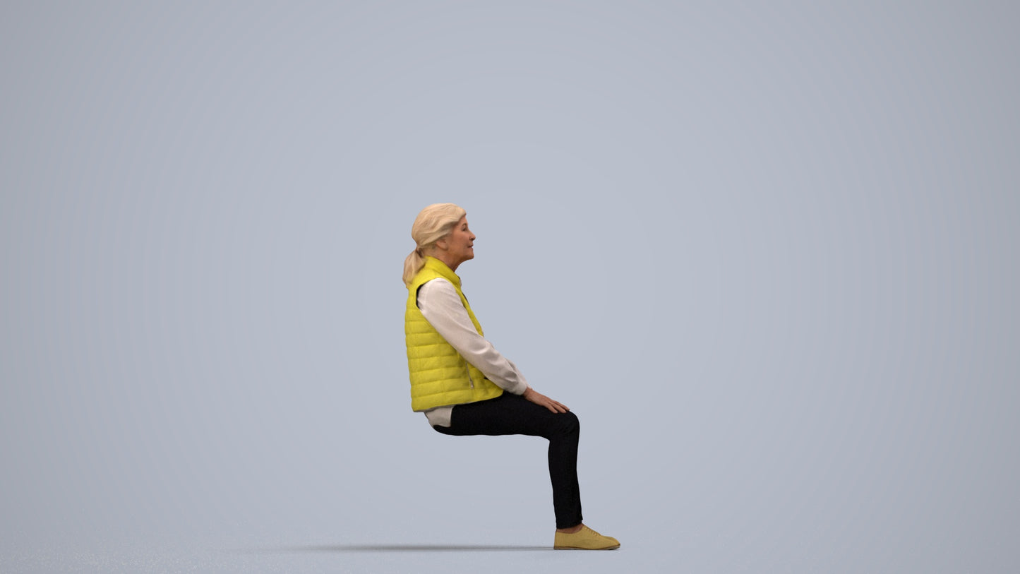 3D people model senior woman casual sitting, scanned human for 3ds Max rendering, side view render