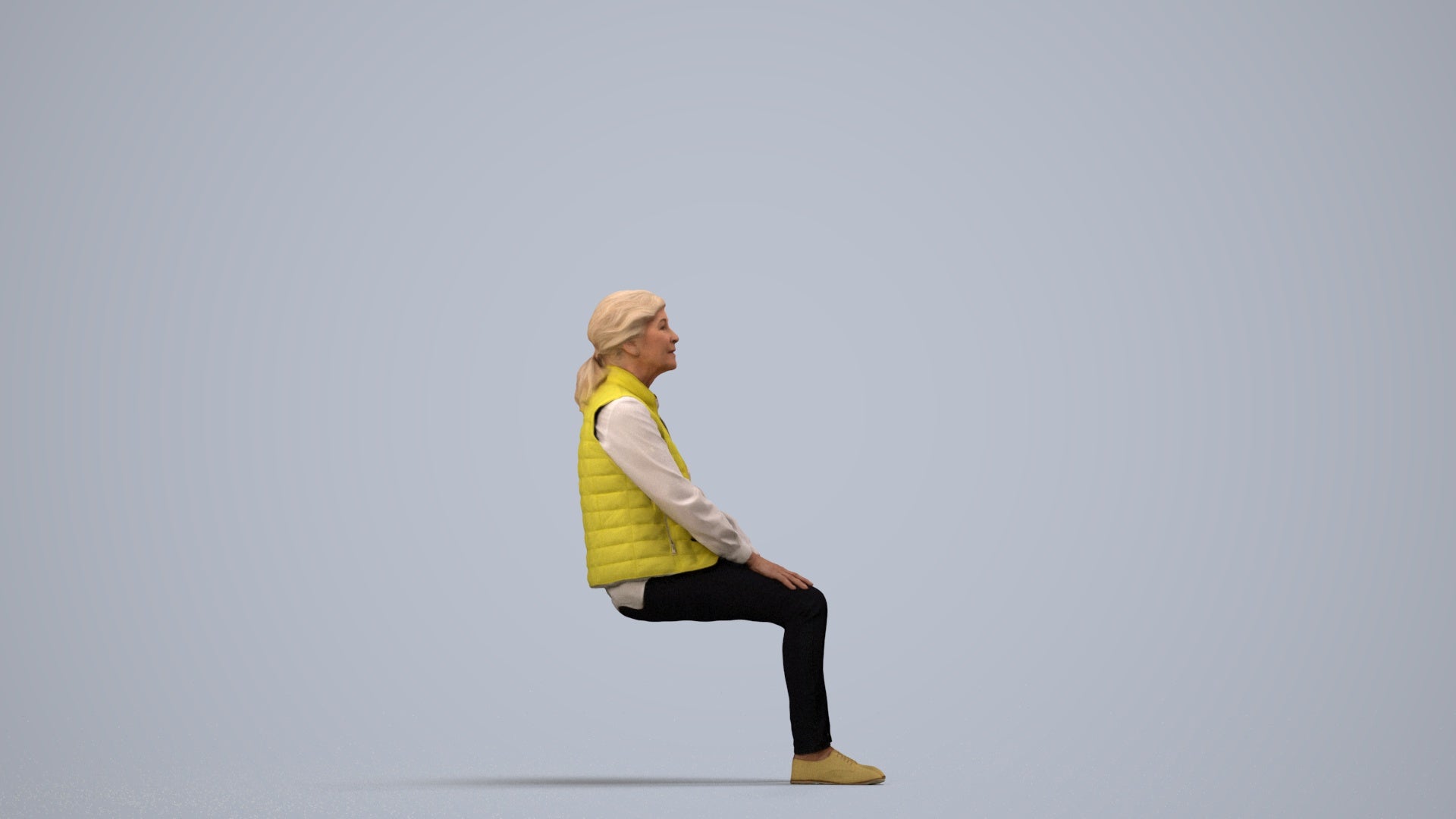 3D people model senior woman casual sitting, scanned human for 3ds Max rendering, side view render