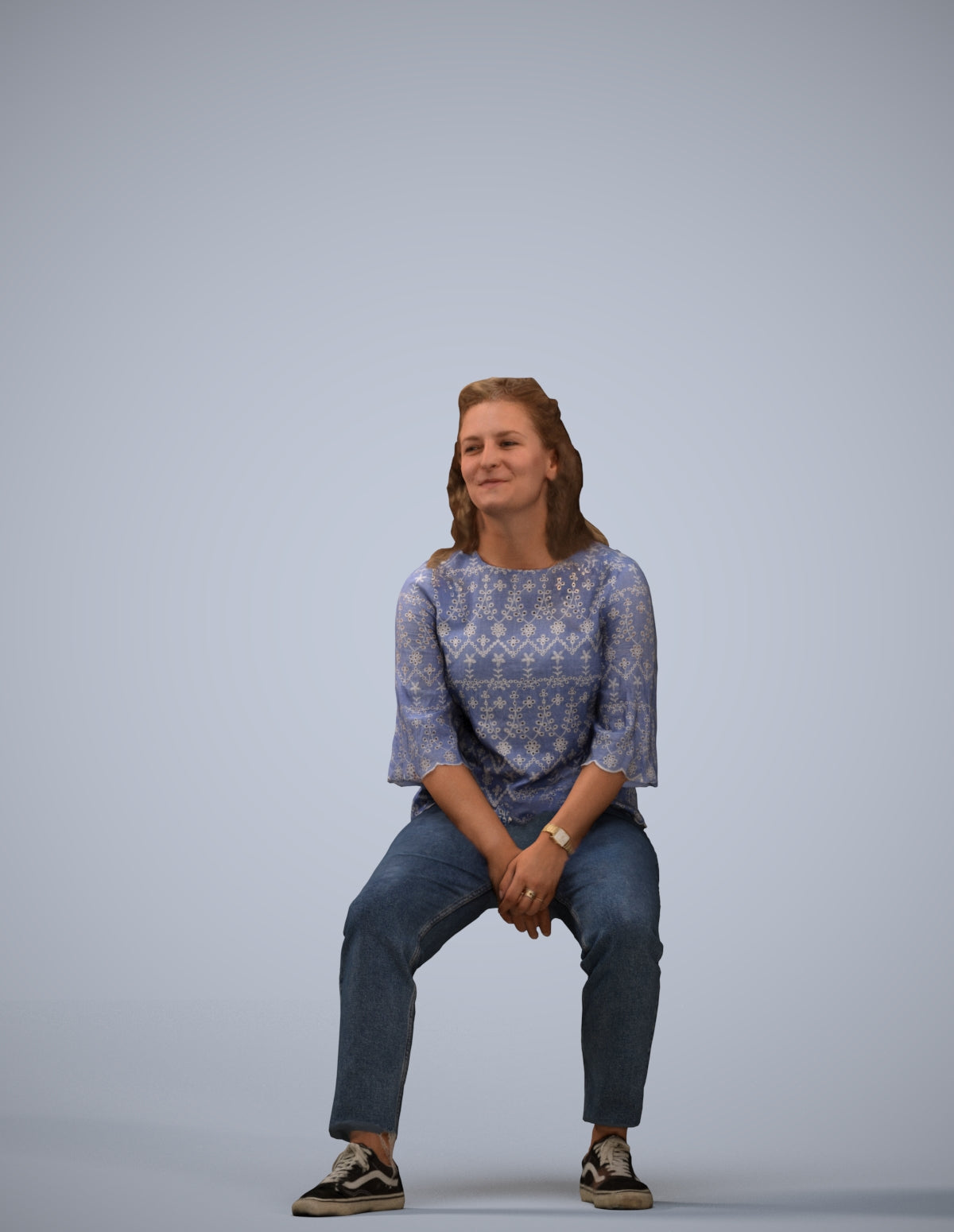 realistic 3D woman casual sitting, scanned archviz people for Blender and 3ds Max