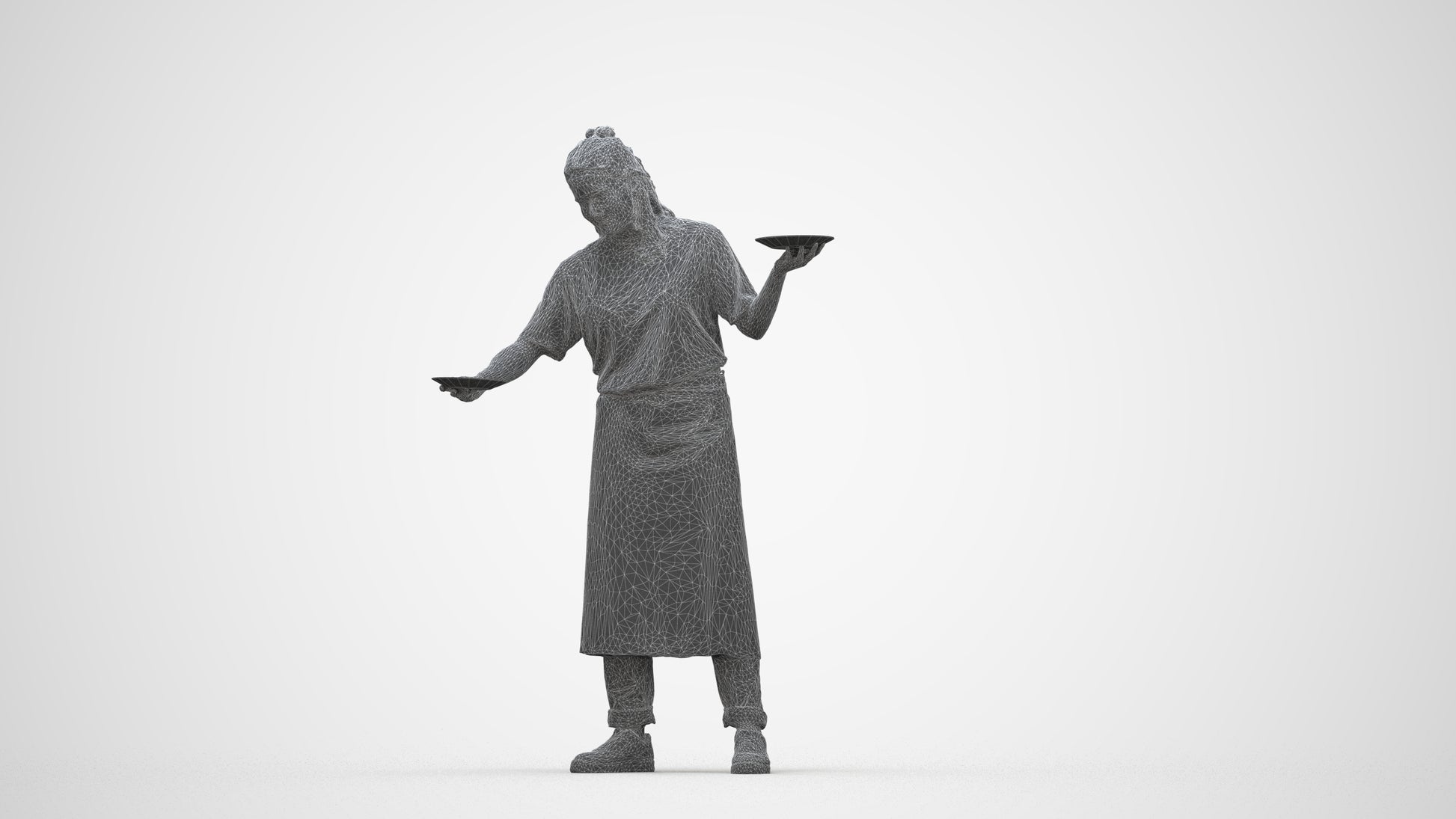 3D scanned woman hospitality, photorealistic archviz people for Enscape and SketchUp, wireframe back view