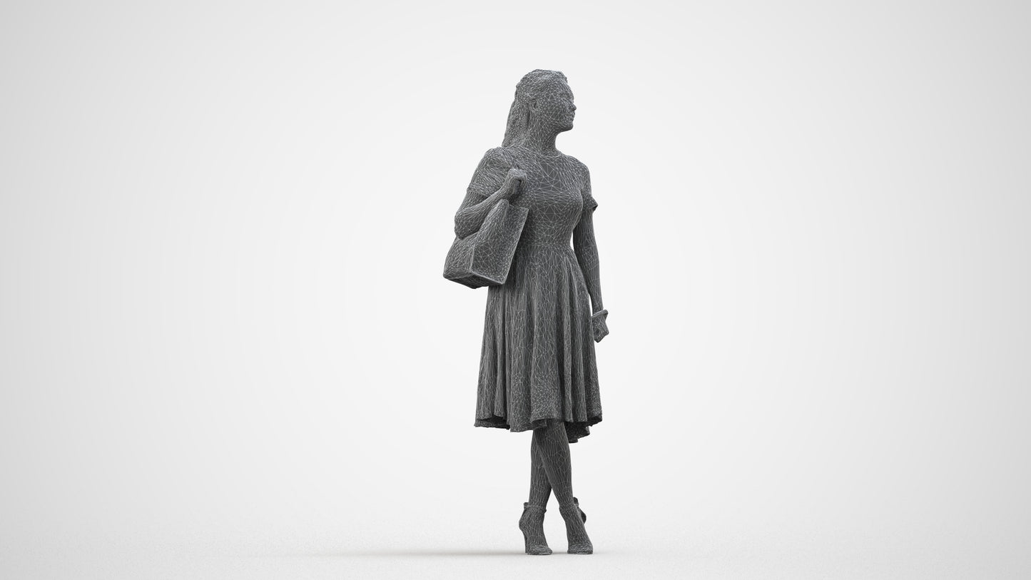 realistic 3D people woman casual standing, render-ready for V-Ray and Corona, FBX OBJ, wireframe side view