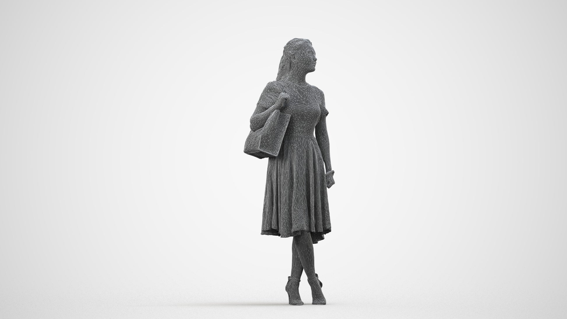 realistic 3D people woman casual standing, render-ready for V-Ray and Corona, FBX OBJ, wireframe side view