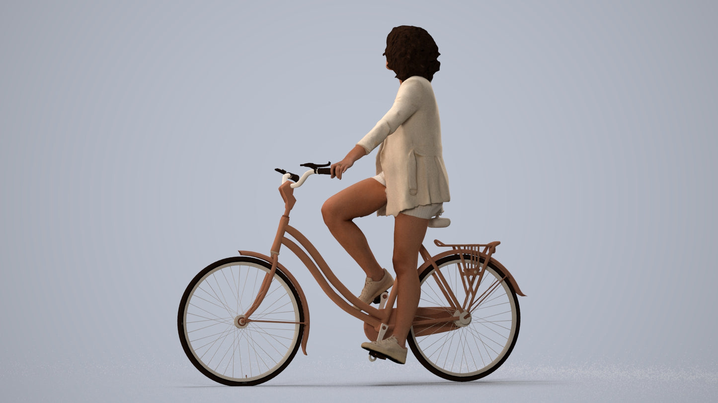 3D scanned woman cycling business, photorealistic archviz people for Enscape and SketchUp, three-quarter view render