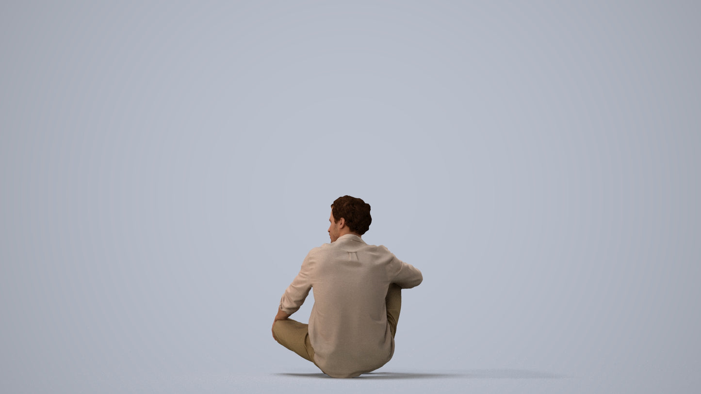 scanned 3D man casual sitting, photogrammetry people for Enscape and V-Ray, three-quarter view render
