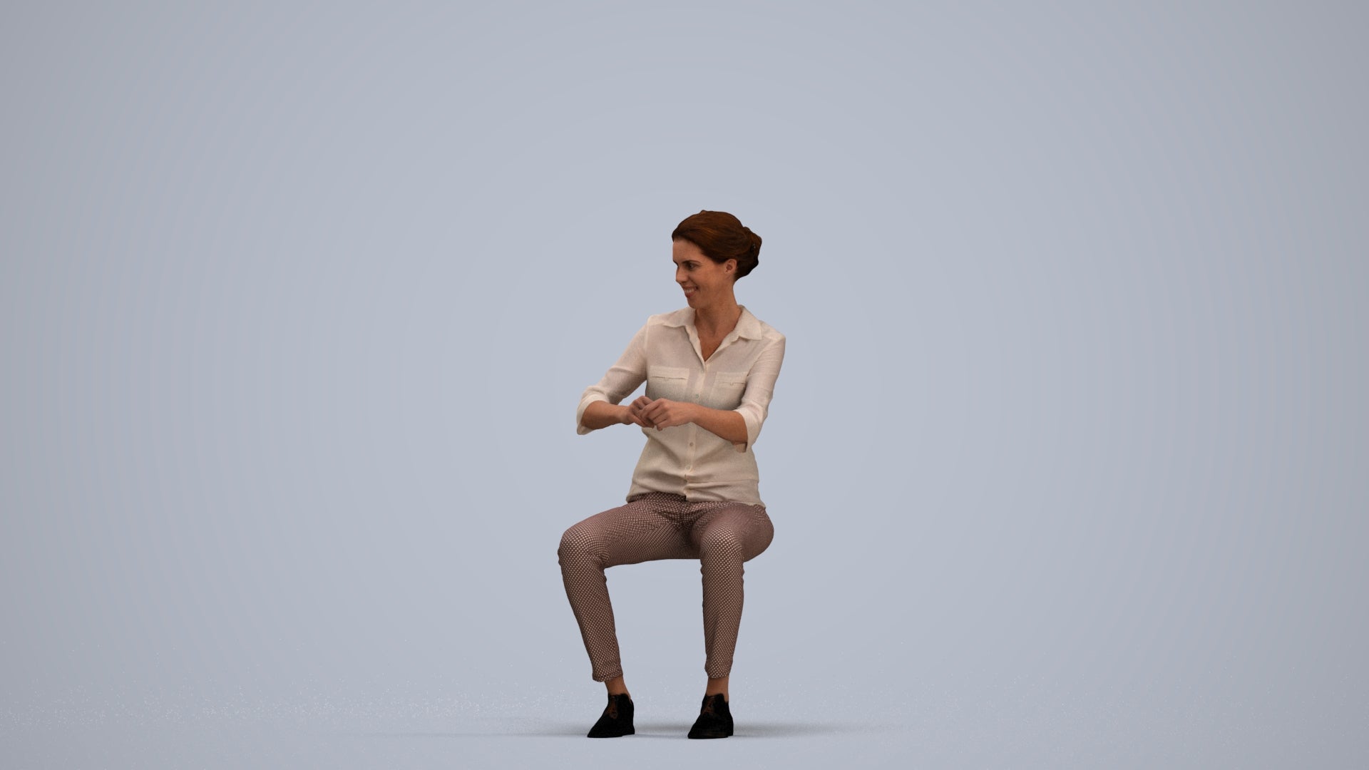 realistic 3D human woman casual sitting, archviz people FBX OBJ for Blender, standing pose render