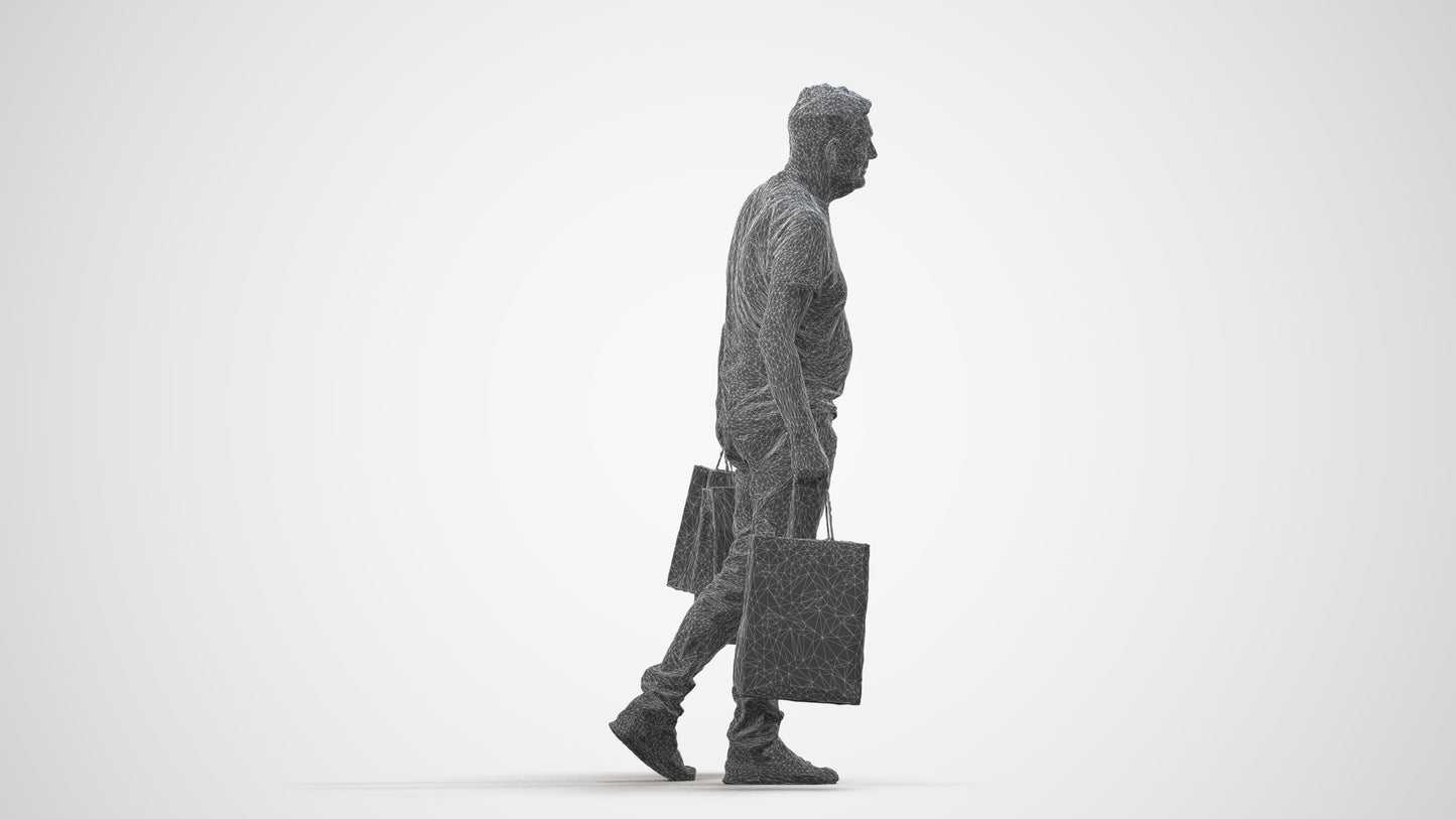 photogrammetry 3D senior man casual shopping, realistic human model archviz FBX, wireframe side view