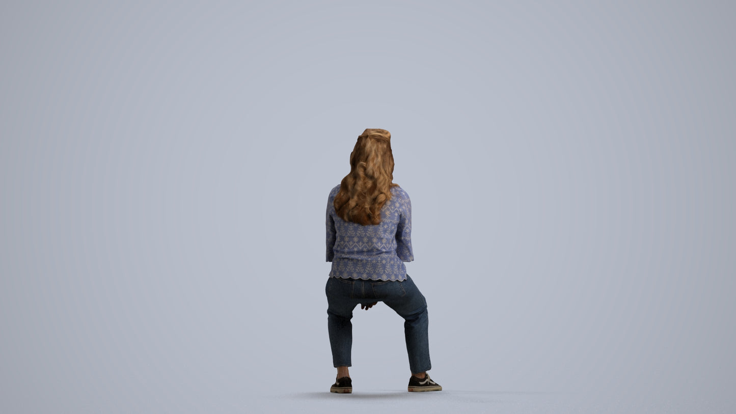realistic 3D woman casual sitting, scanned archviz people for Blender and 3ds Max, front view render