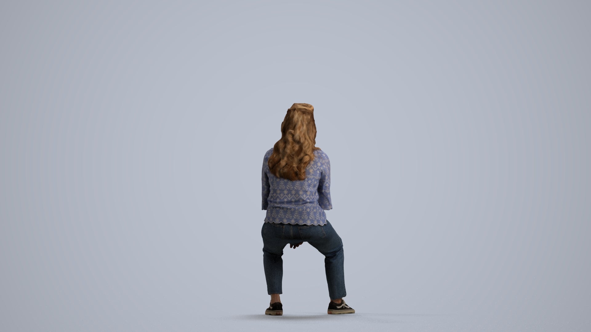 realistic 3D woman casual sitting, scanned archviz people for Blender and 3ds Max, front view render