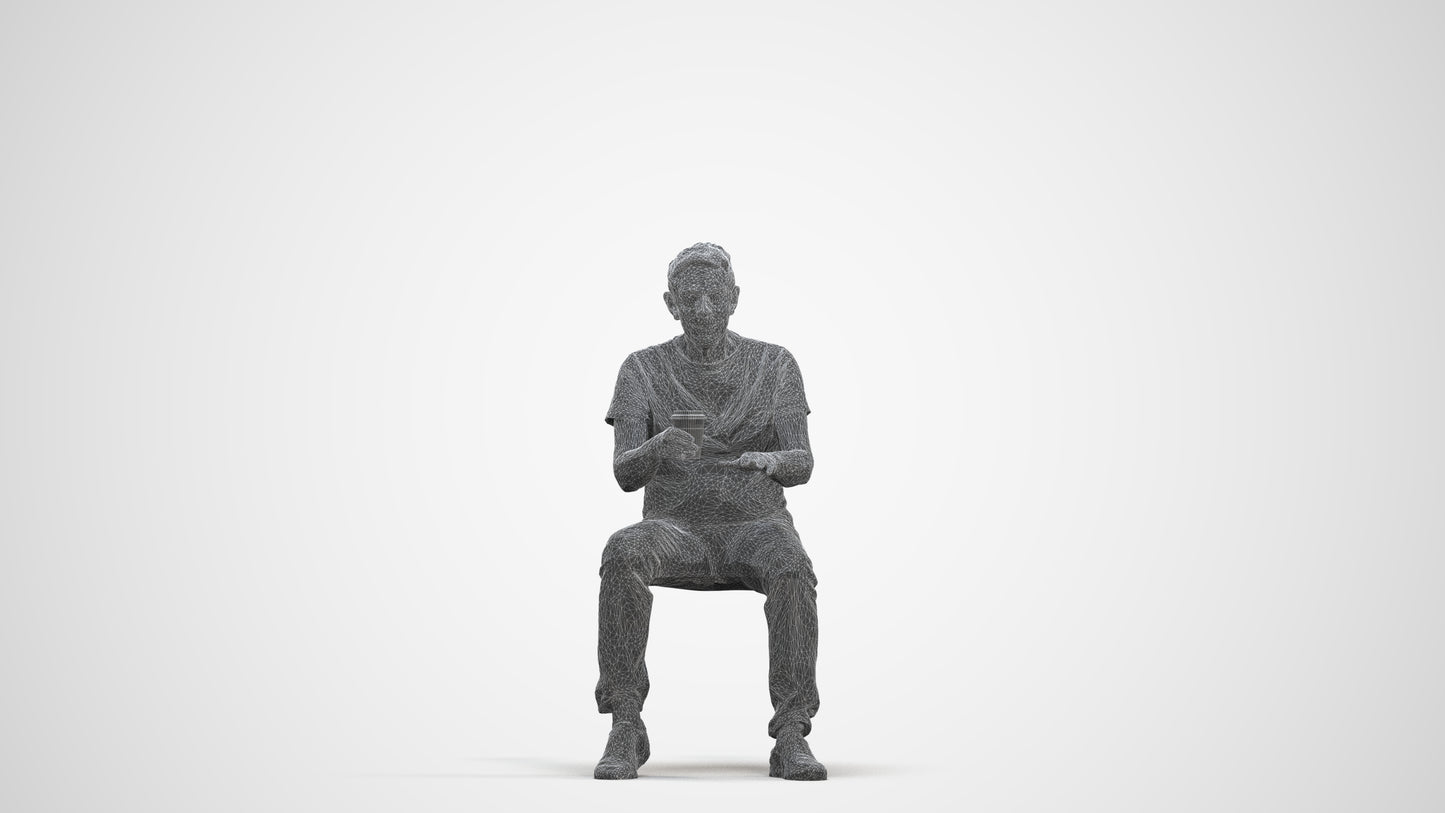 3D people model senior man casual sitting, scanned human for 3ds Max rendering, three-quarter front view render