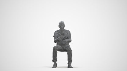 3D people model senior man casual sitting, scanned human for 3ds Max rendering, three-quarter front view render
