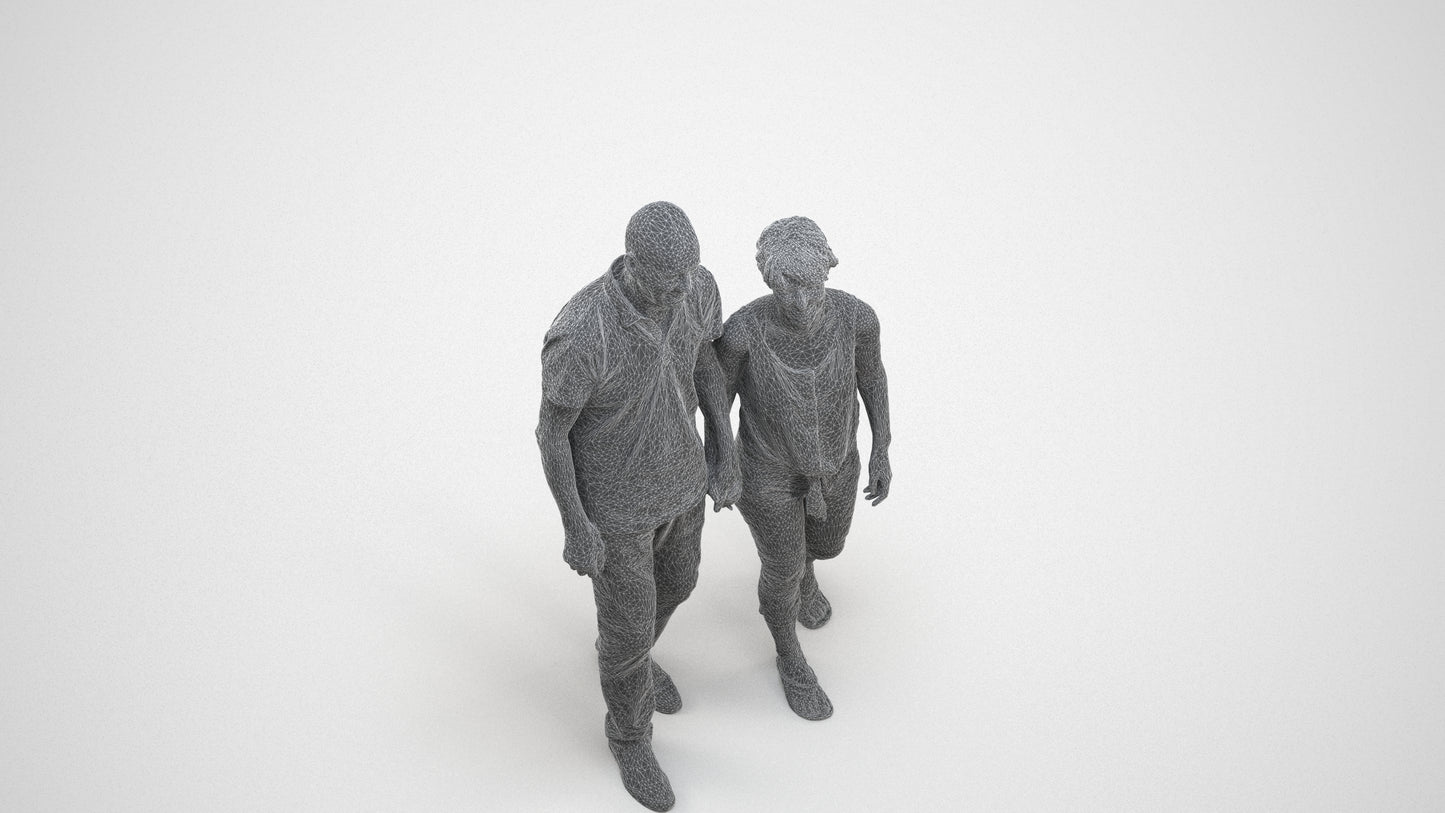 photogrammetry 3D senior woman couple, realistic human model archviz FBX, wireframe three-quarter view