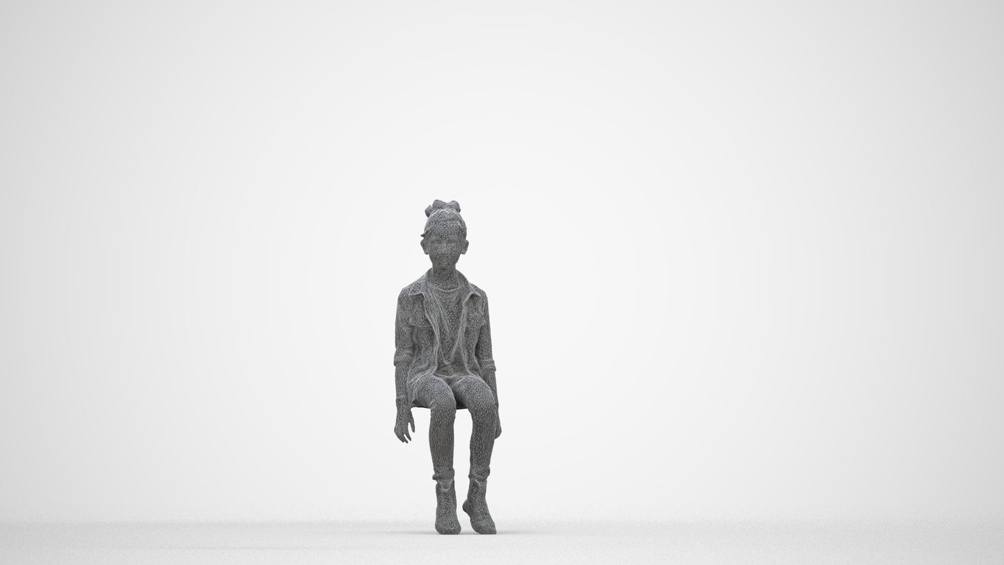 photogrammetry 3D girl casual kids, realistic human model archviz FBX, wireframe back view