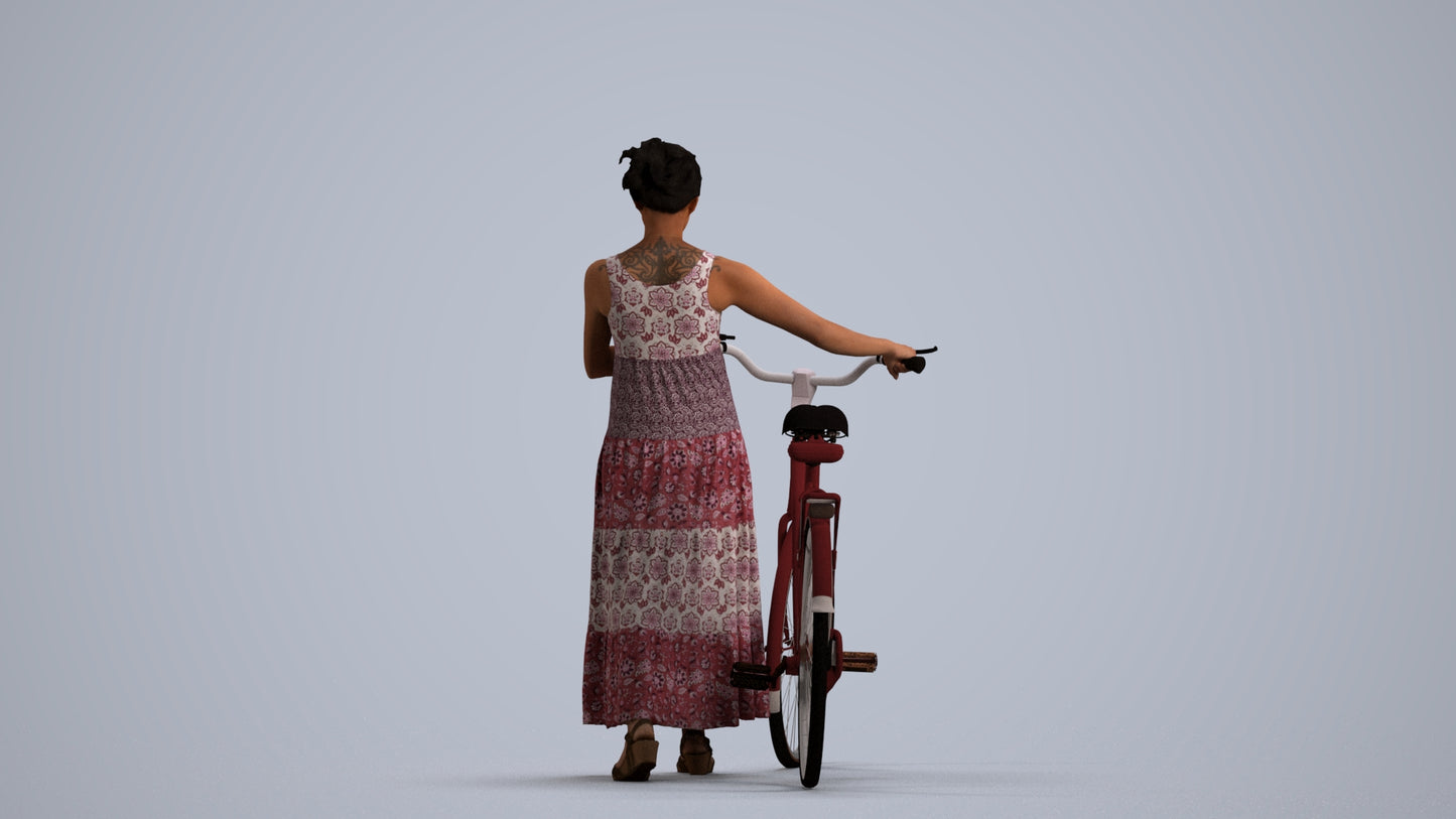realistic 3D woman casual cycling, scanned archviz people for Blender and 3ds Max, front view render