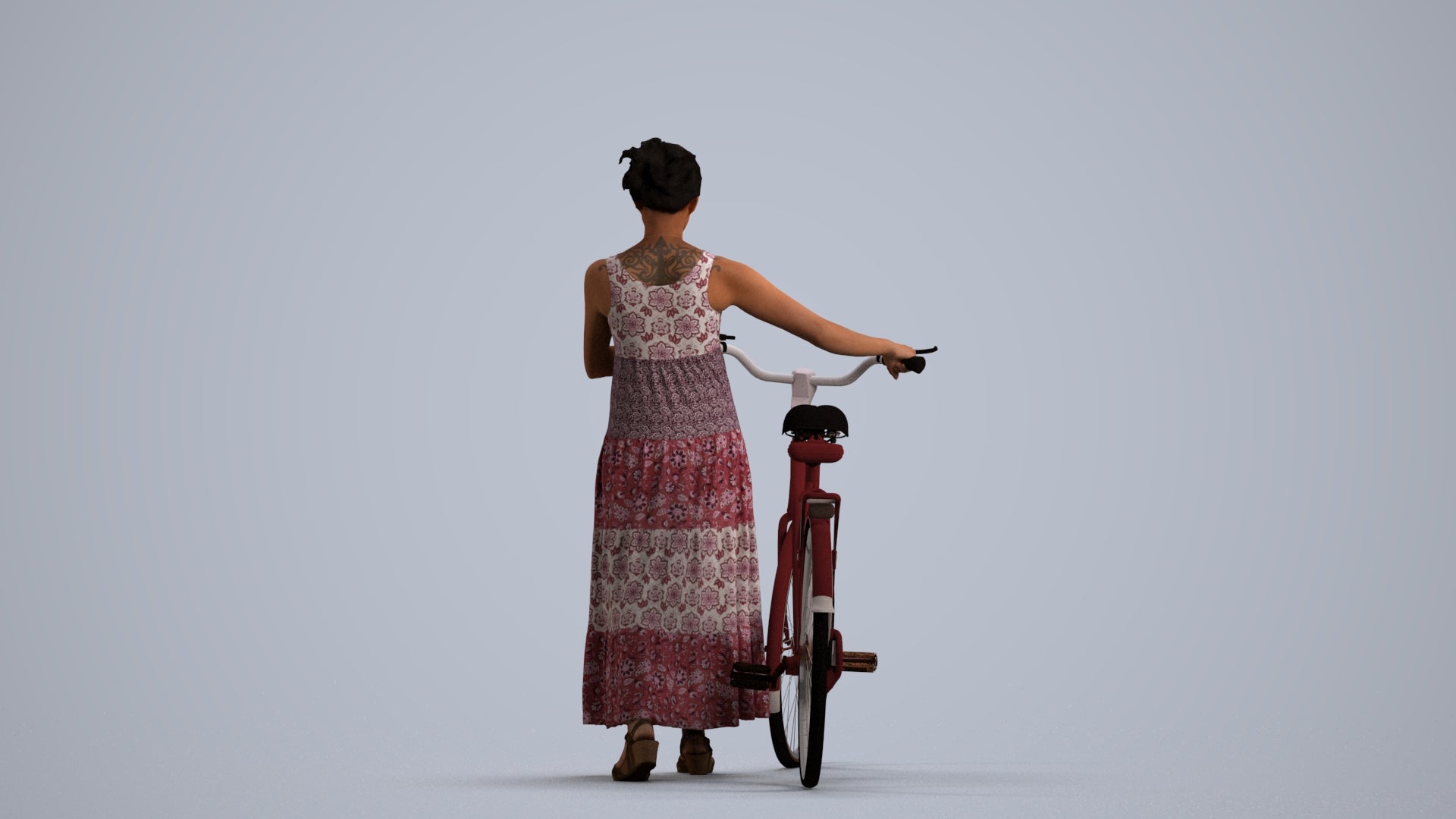 realistic 3D woman casual cycling, scanned archviz people for Blender and 3ds Max, front view render
