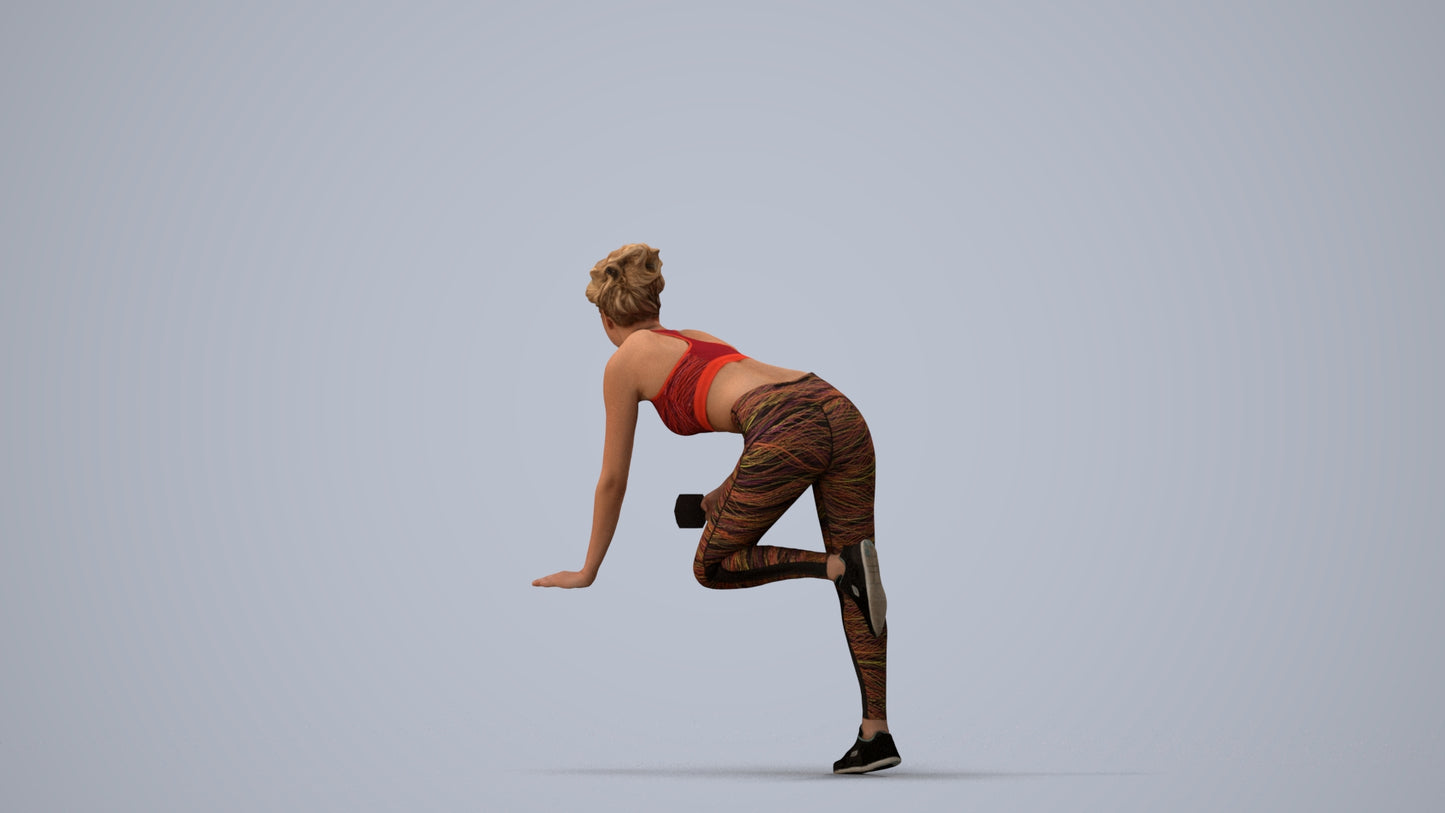 3D human model woman sport, photogrammetry scanned person for archviz, three-quarter view render