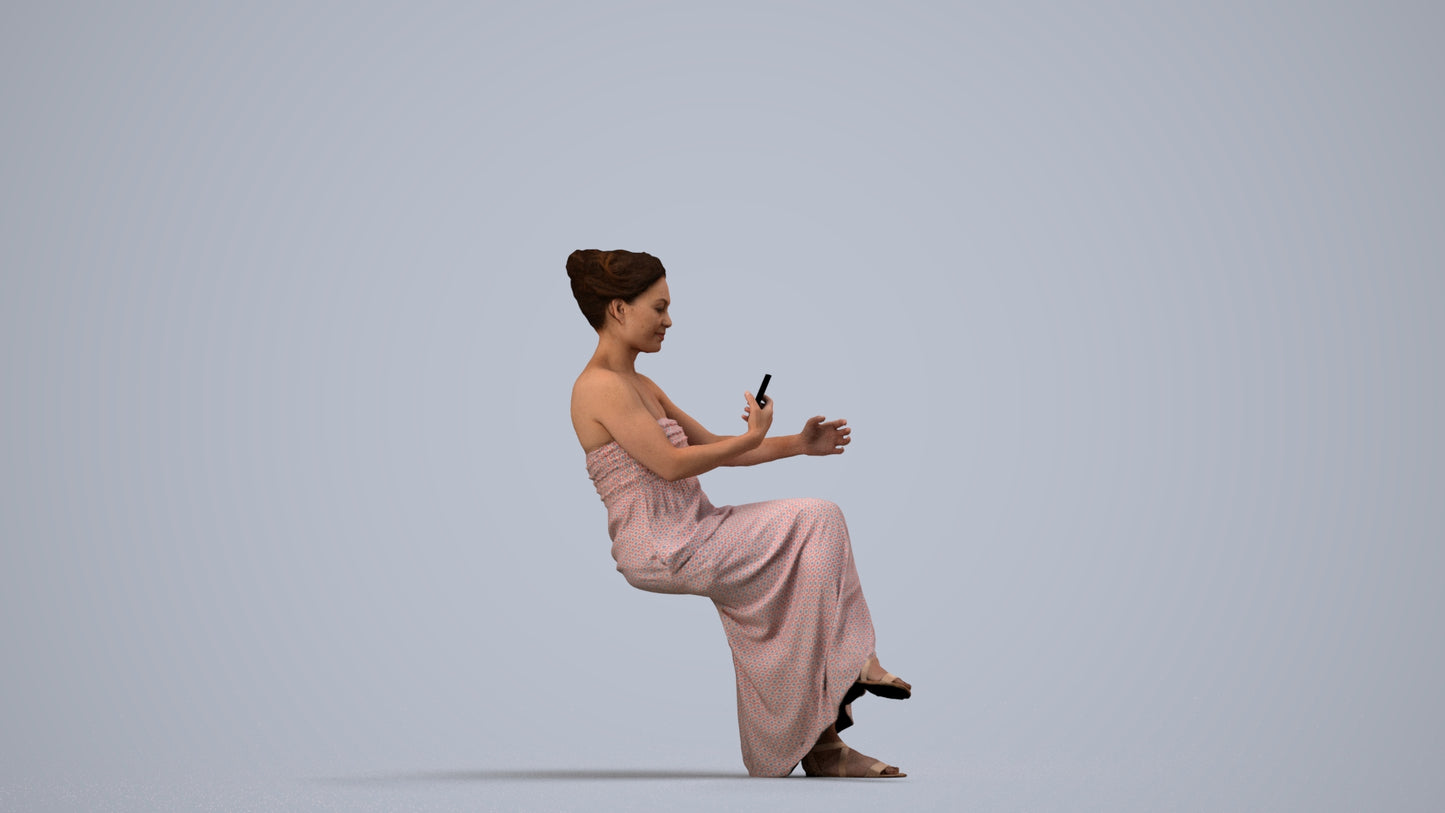 realistic 3D human woman casual sitting, archviz people FBX OBJ for Blender, side view render